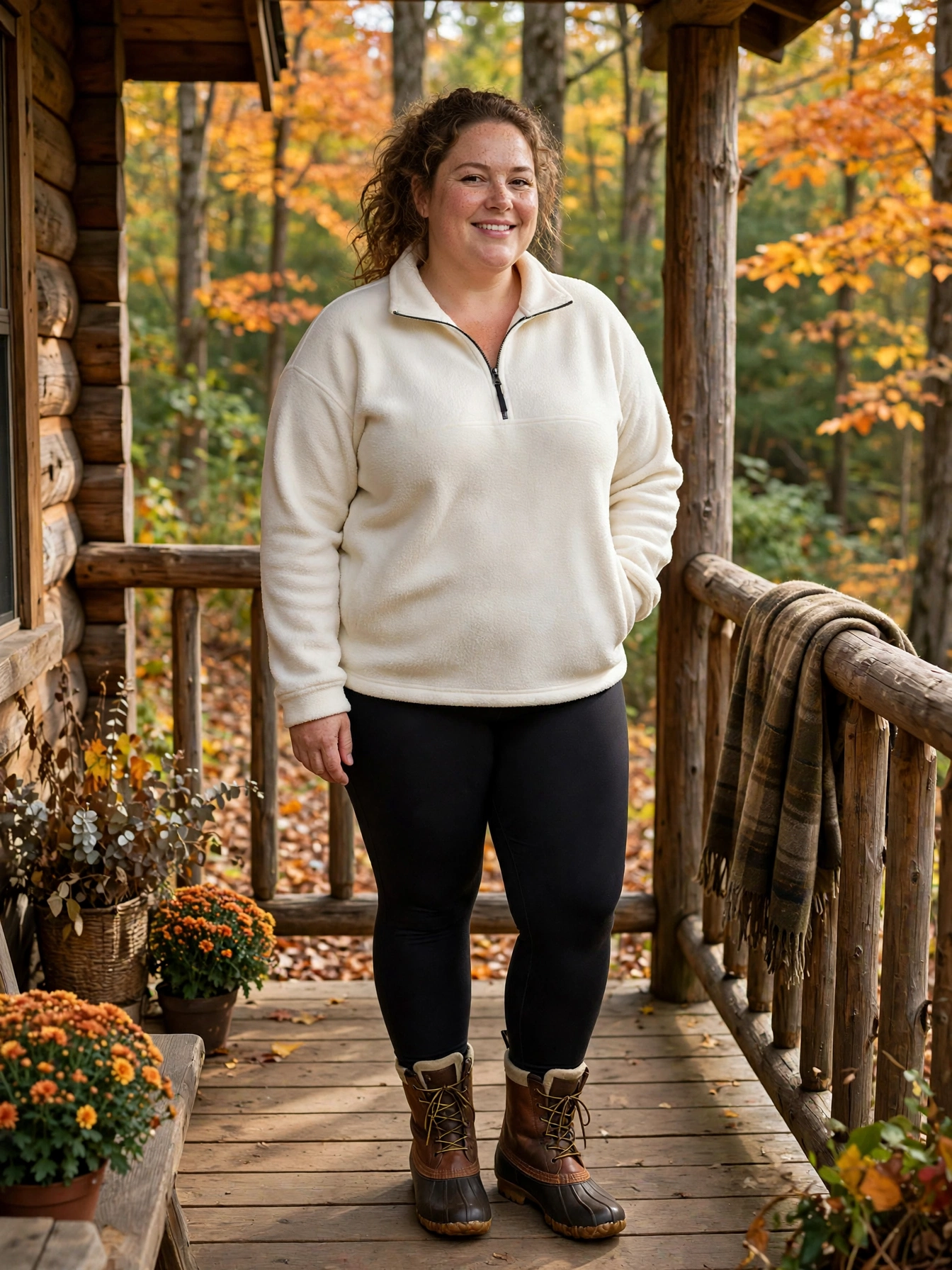 Plus-size woman in a cozy cream fleece pullover with thermal leggings and duck boots on a cabin porch