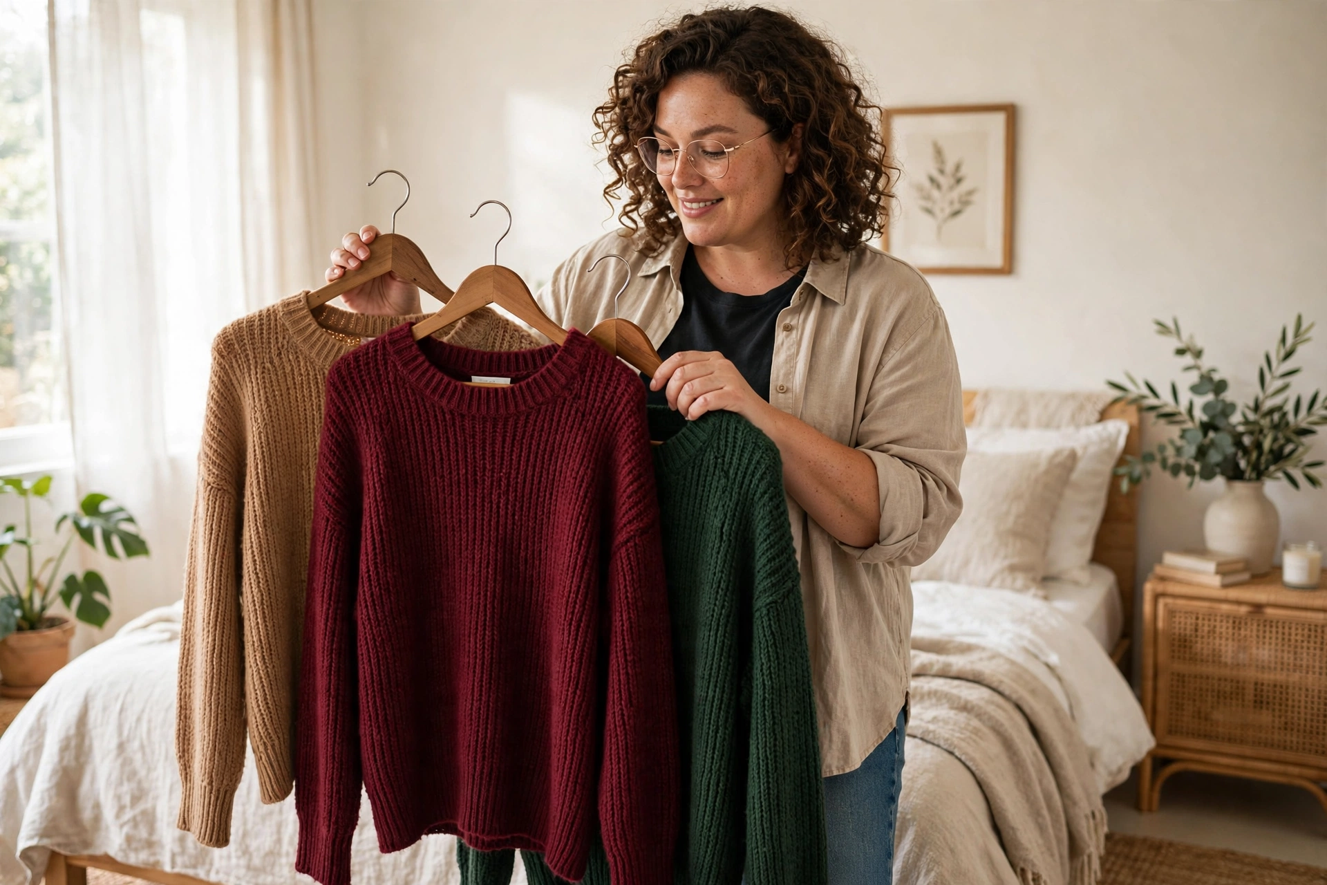 Plus-size woman choosing winter knit sweaters in camel, burgundy and forest green in a bright bedroom