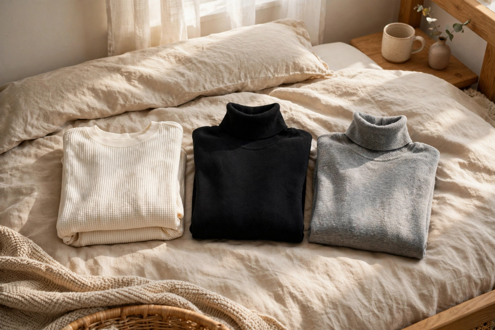 Neatly folded thermal base layers and turtlenecks in cream, black and grey on a bed