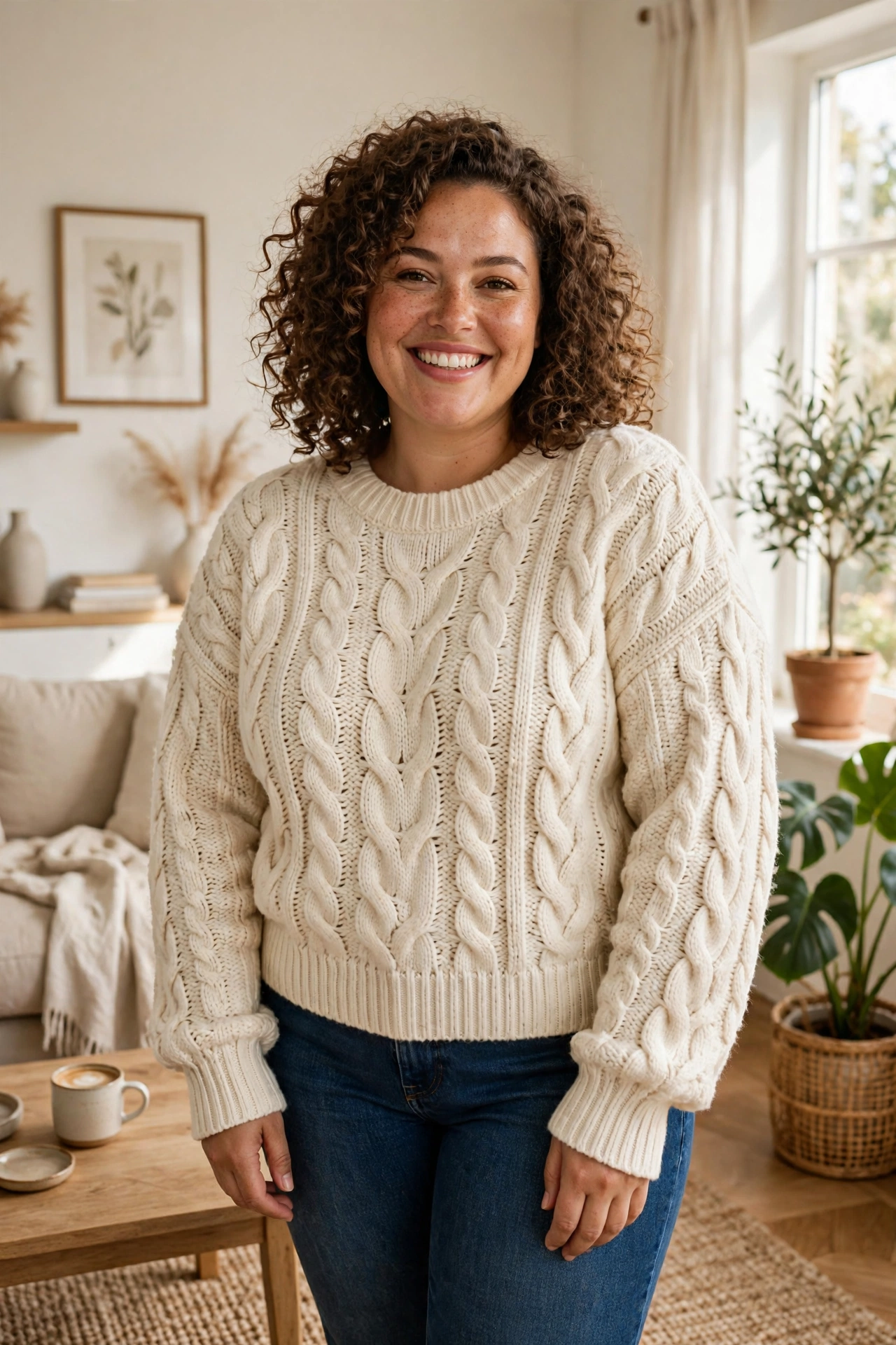 Plus-size woman wearing a chunky cream cable-knit sweater with dark jeans in a bright living room