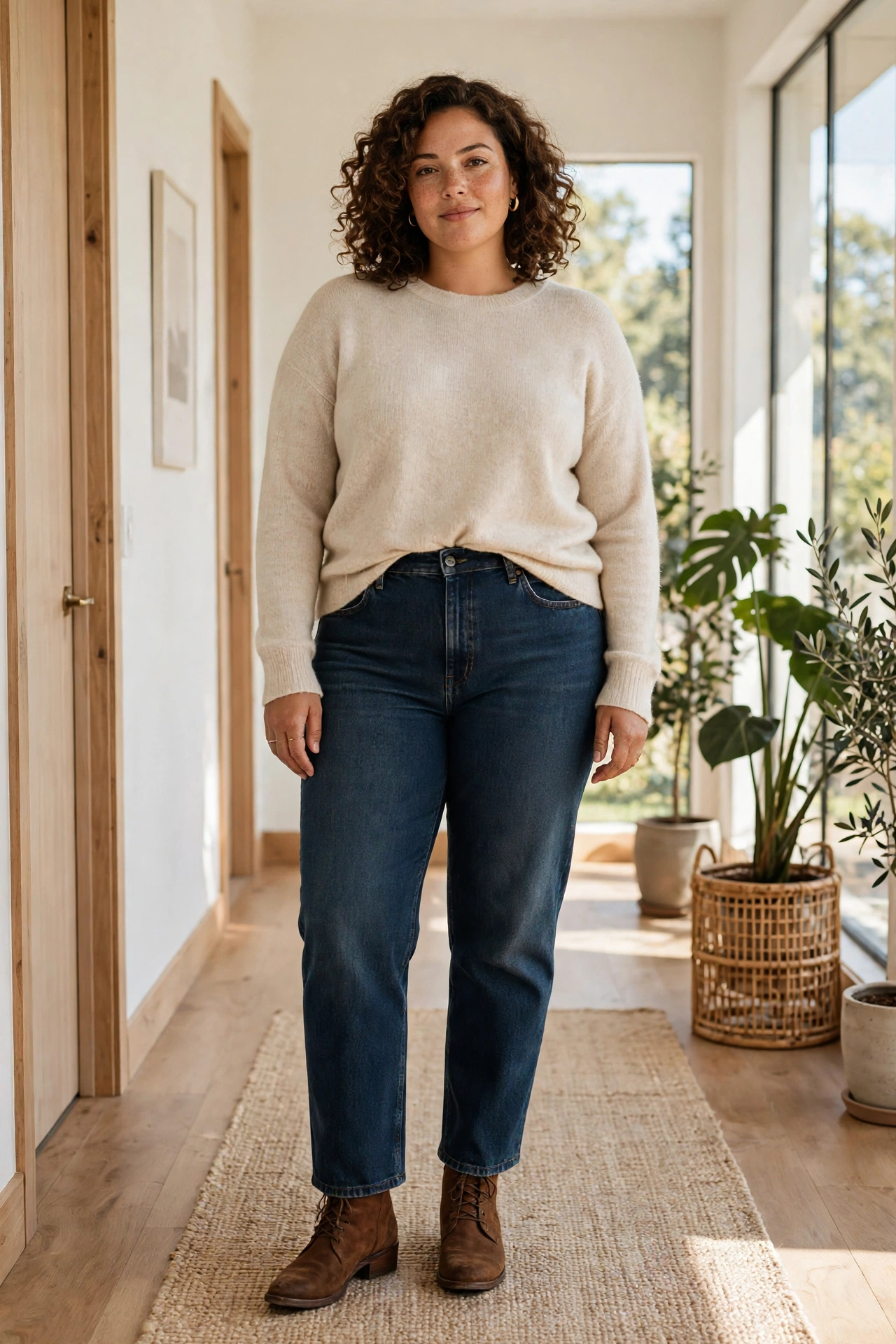 Plus-size woman wearing dark straight-leg jeans and ankle boots with a tucked sweater in a bright hallway