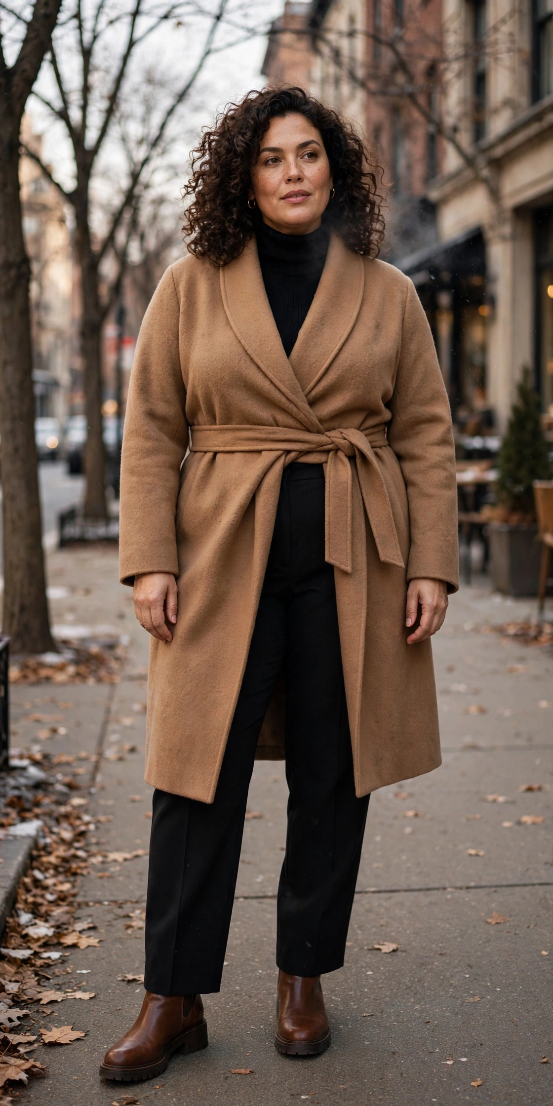 Plus-size woman in a camel wool wrap coat over a turtleneck and trousers on a crisp winter day