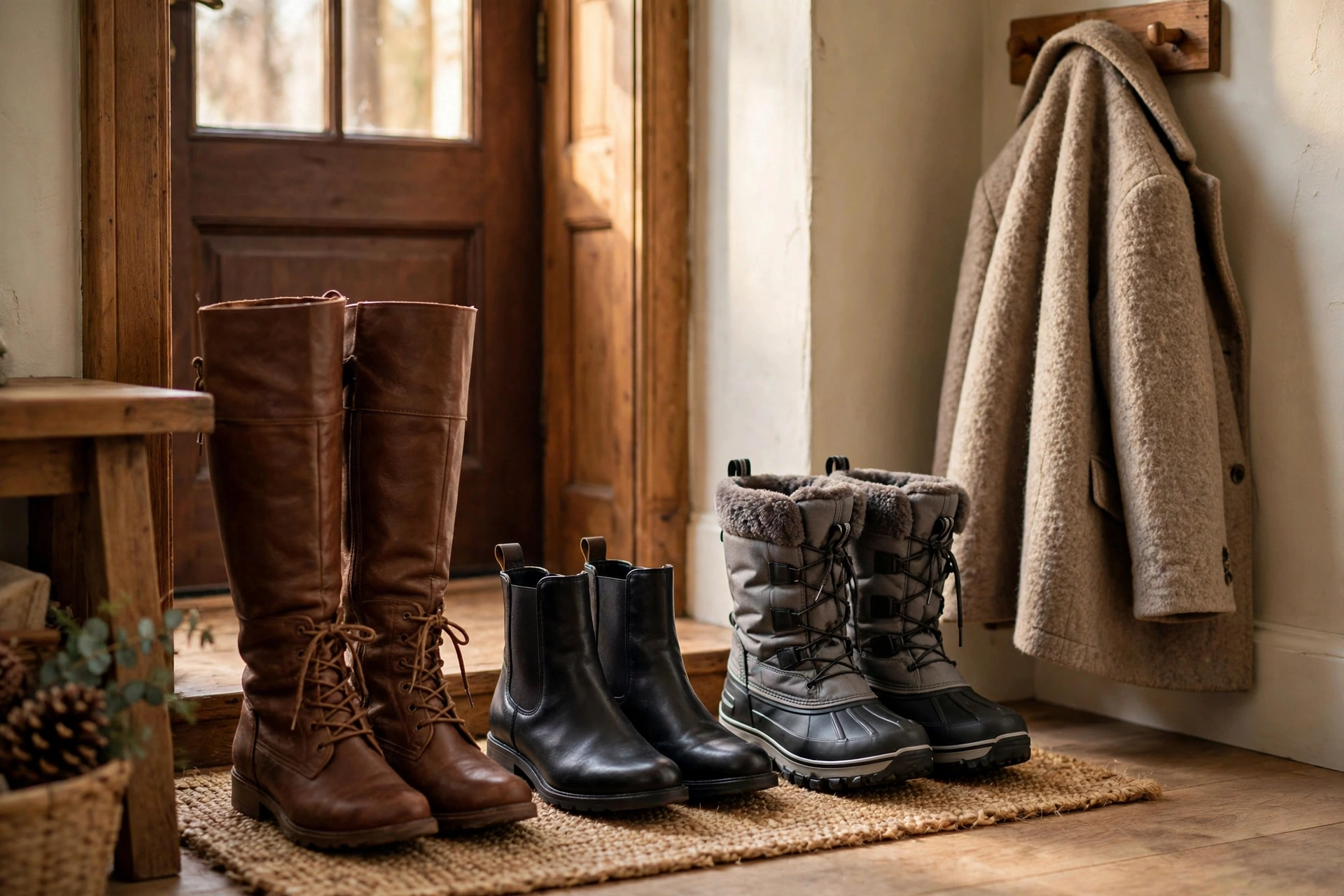 Winter boots lined up by a front door — knee-high boots, ankle boots and insulated snow boots