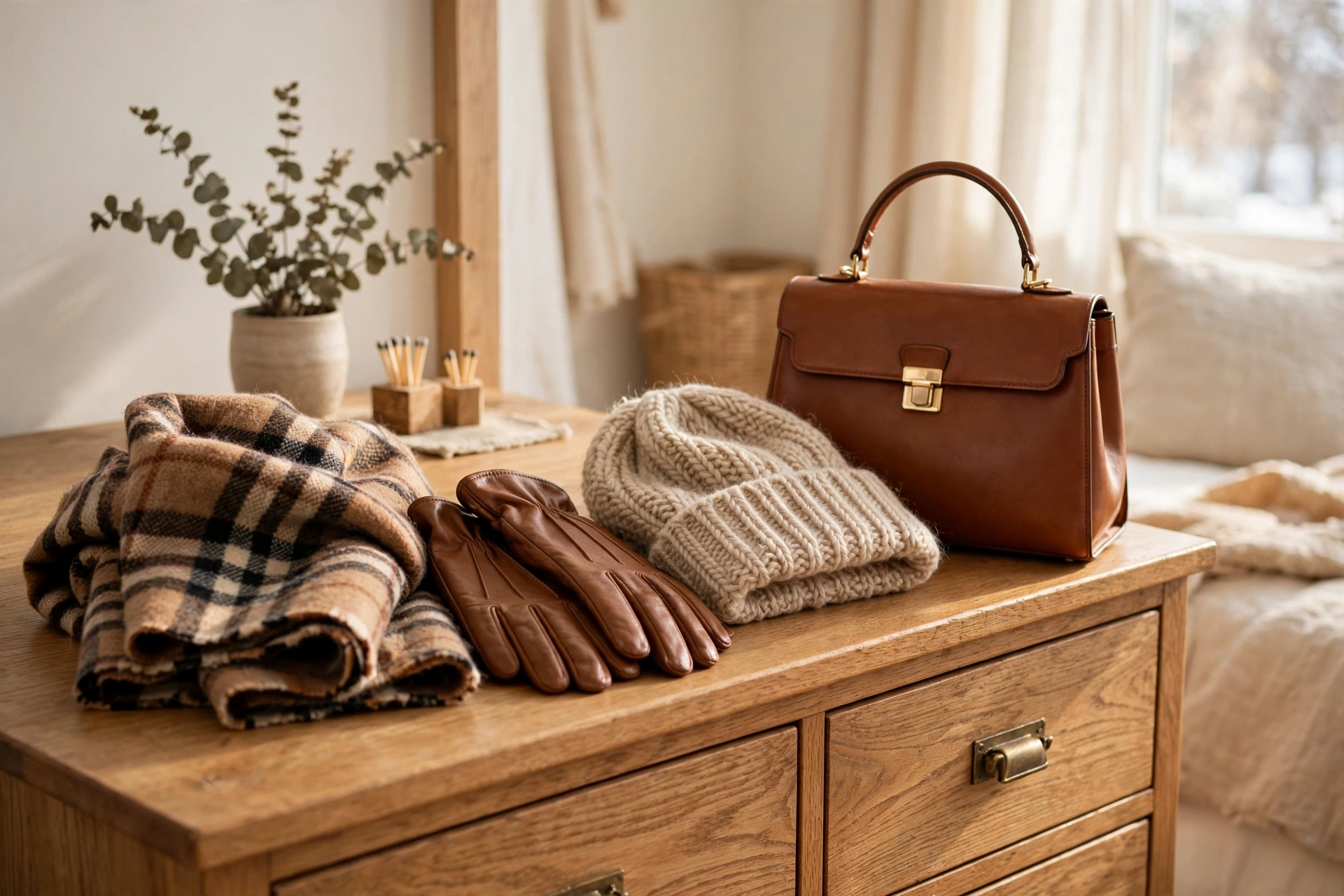 Winter accessories on a dresser — plaid wool scarf, leather gloves, knit beanie and structured handbag