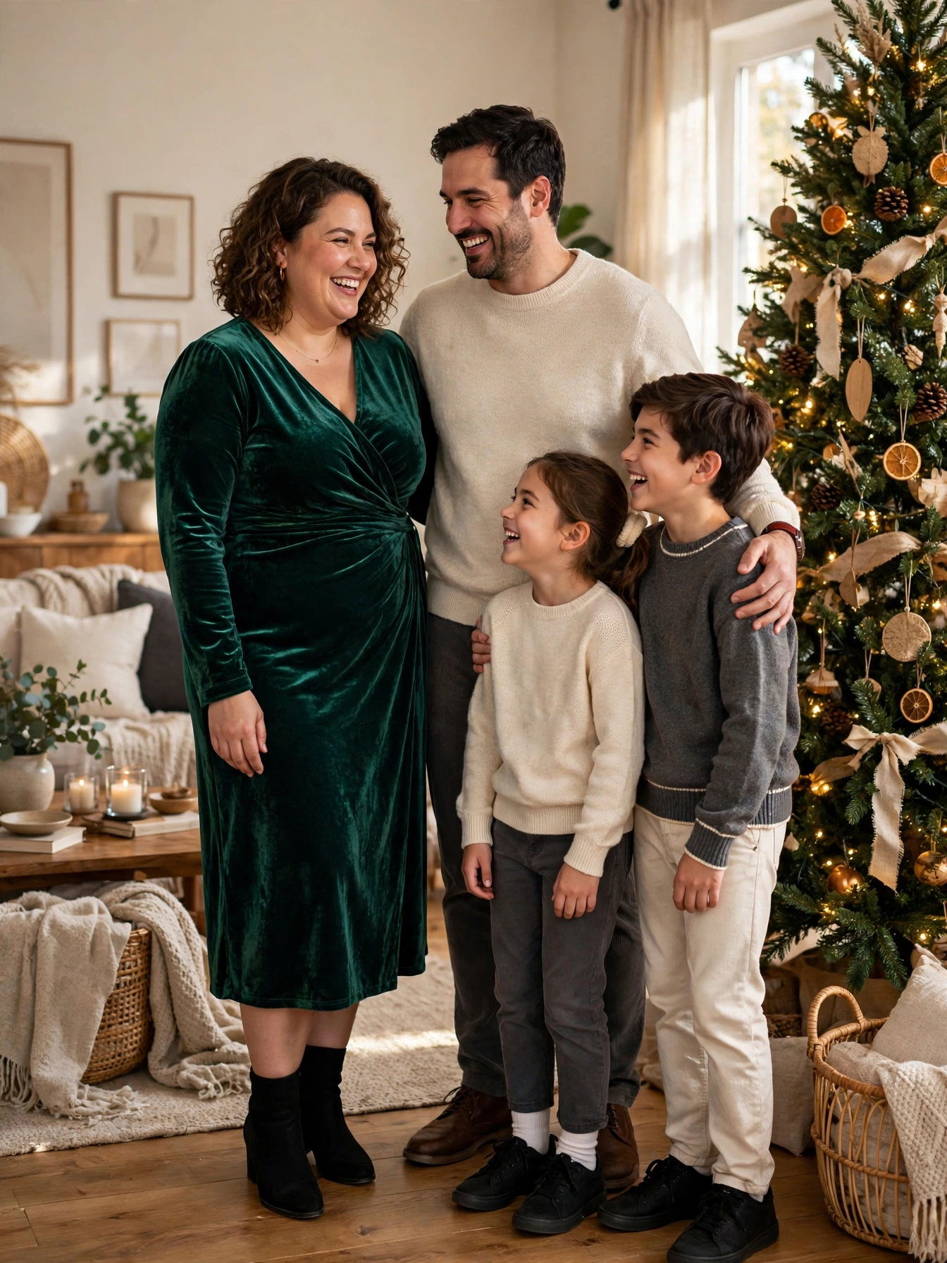 Plus-size woman in an emerald velvet midi dress with her family by the Christmas tree