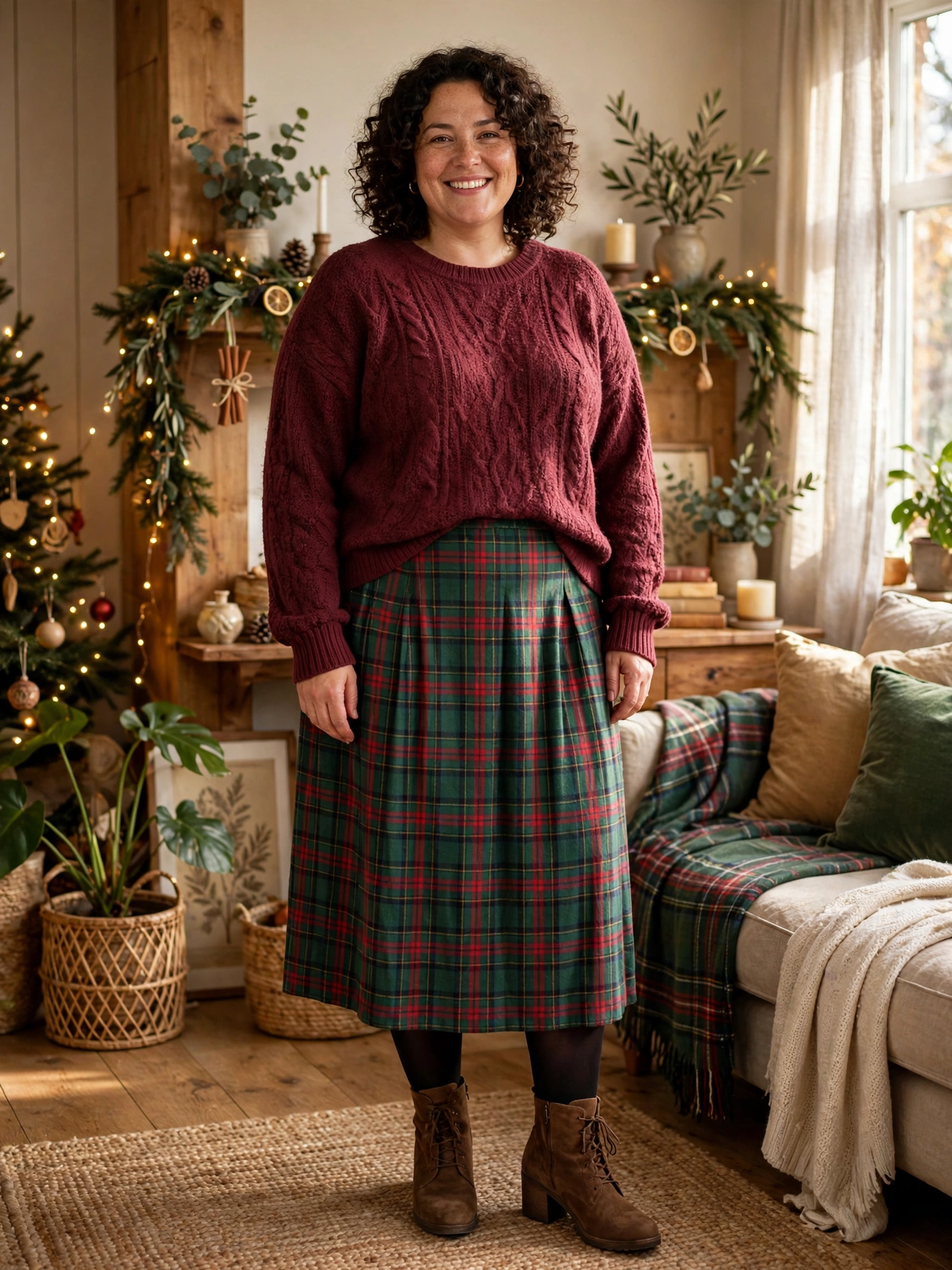 Plus-size woman in a burgundy sweater and plaid midi skirt in a decorated living room