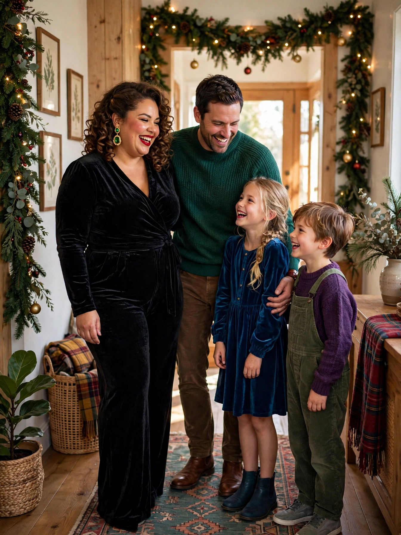 Plus-size woman in a black velvet jumpsuit posing with family in front of Christmas decorations