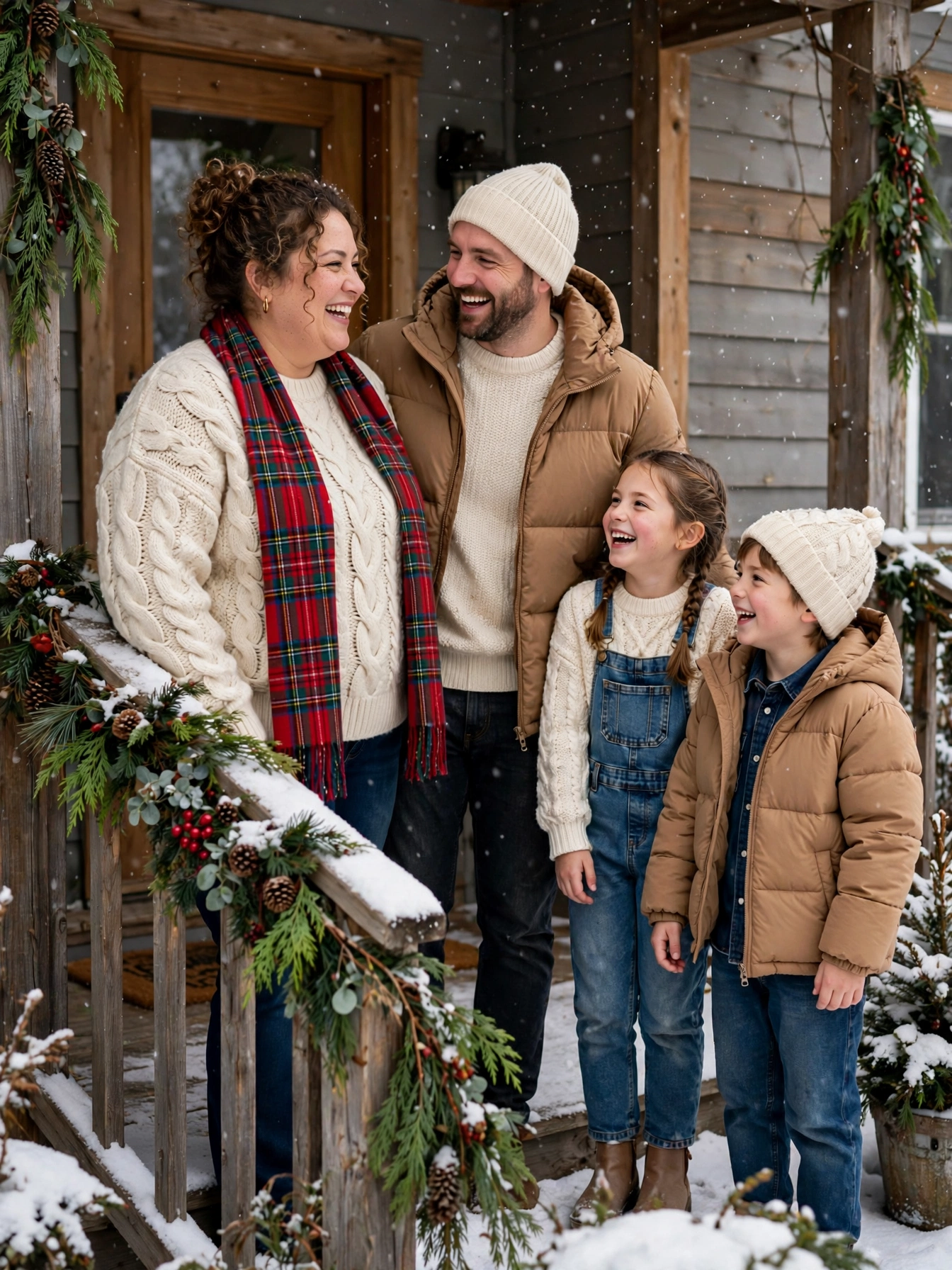 Plus-size woman in a cream cable-knit sweater with family on a snowy porch