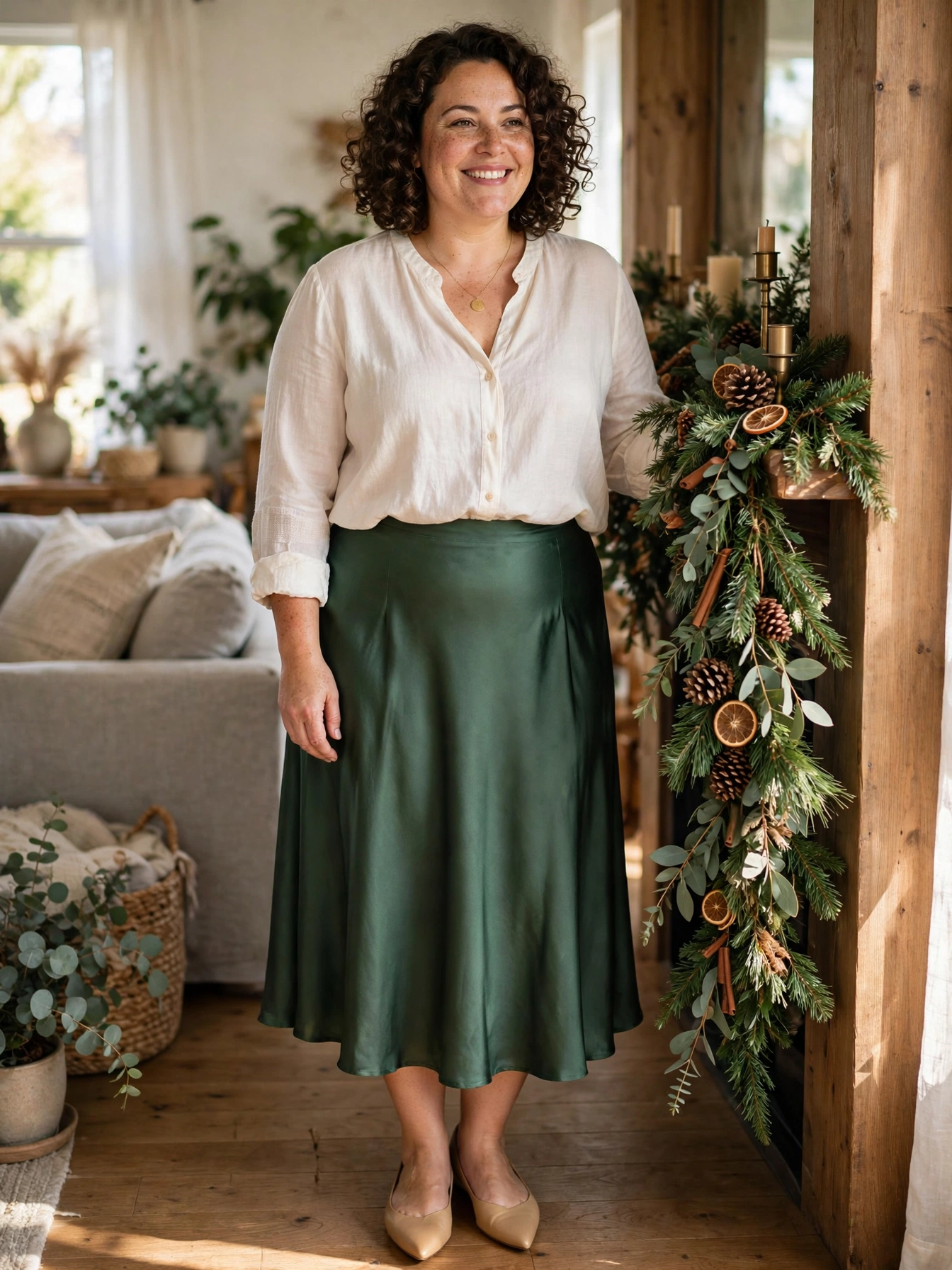 Plus-size woman in a forest green satin skirt and ivory blouse beside holiday garland