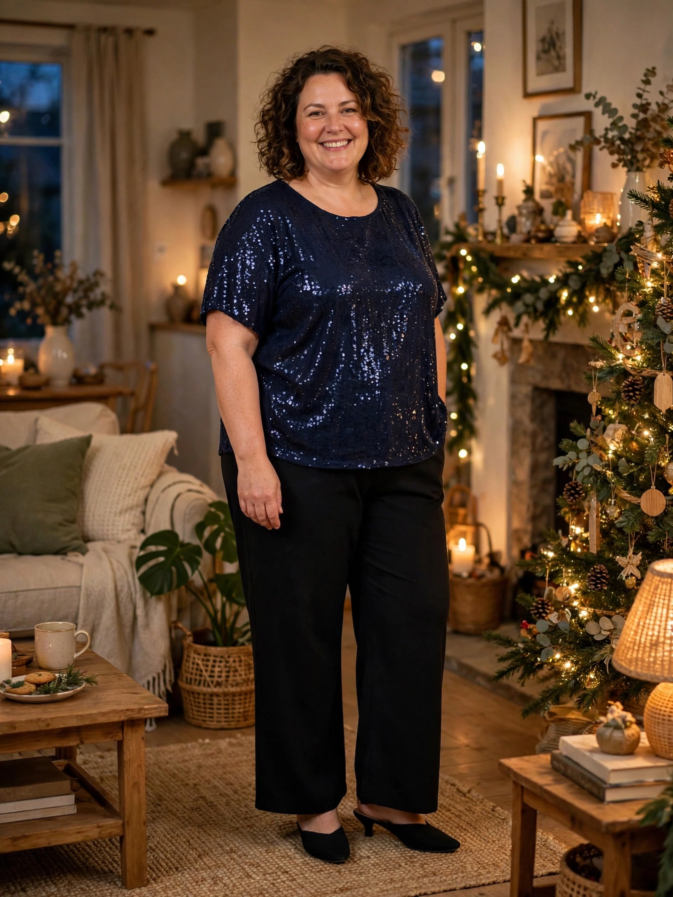 Plus-size woman in a navy sequin top and black wide-leg trousers in a festive living room