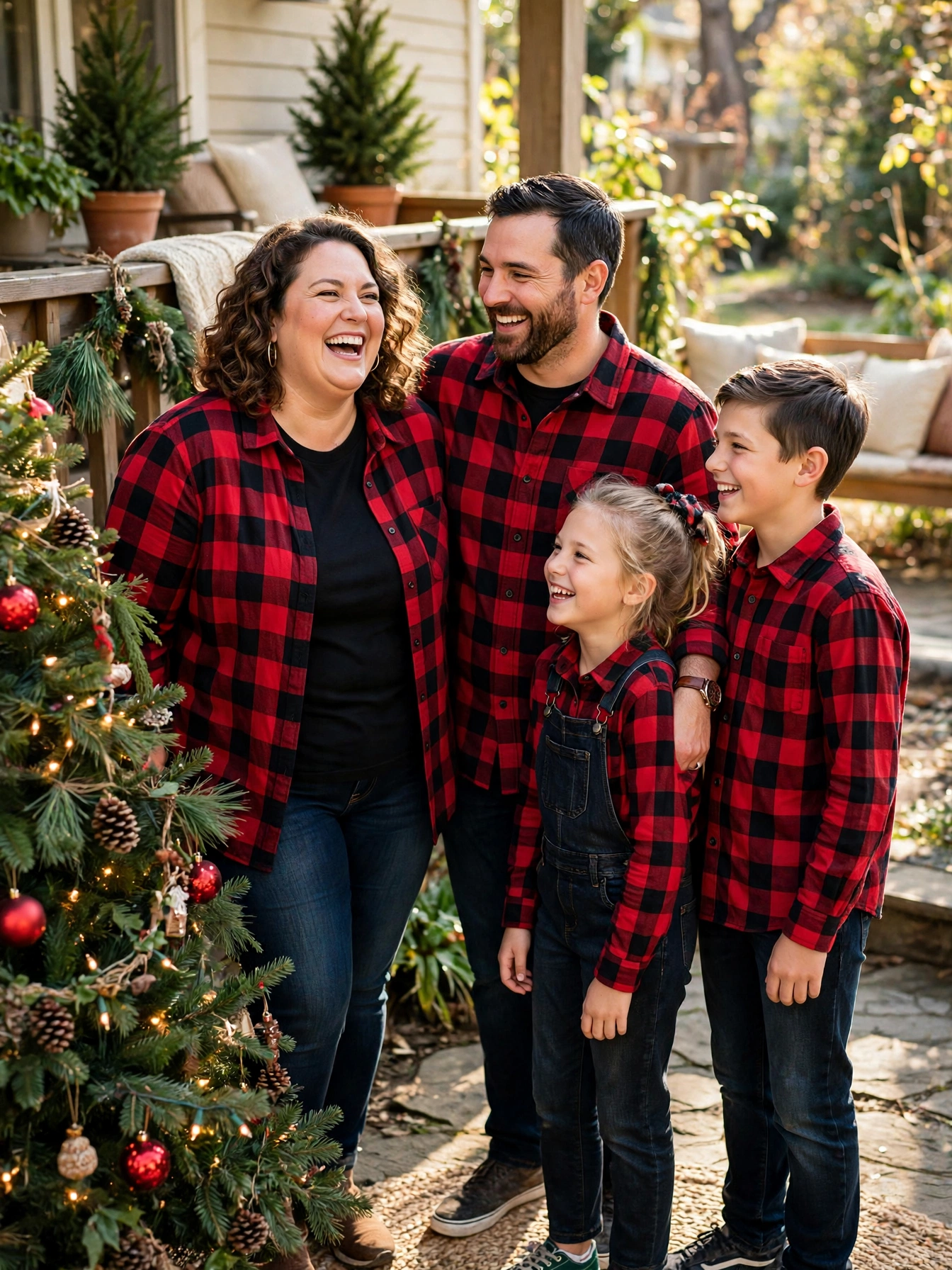 Plus-size woman in red buffalo plaid with family in matching plaid outfits by the tree