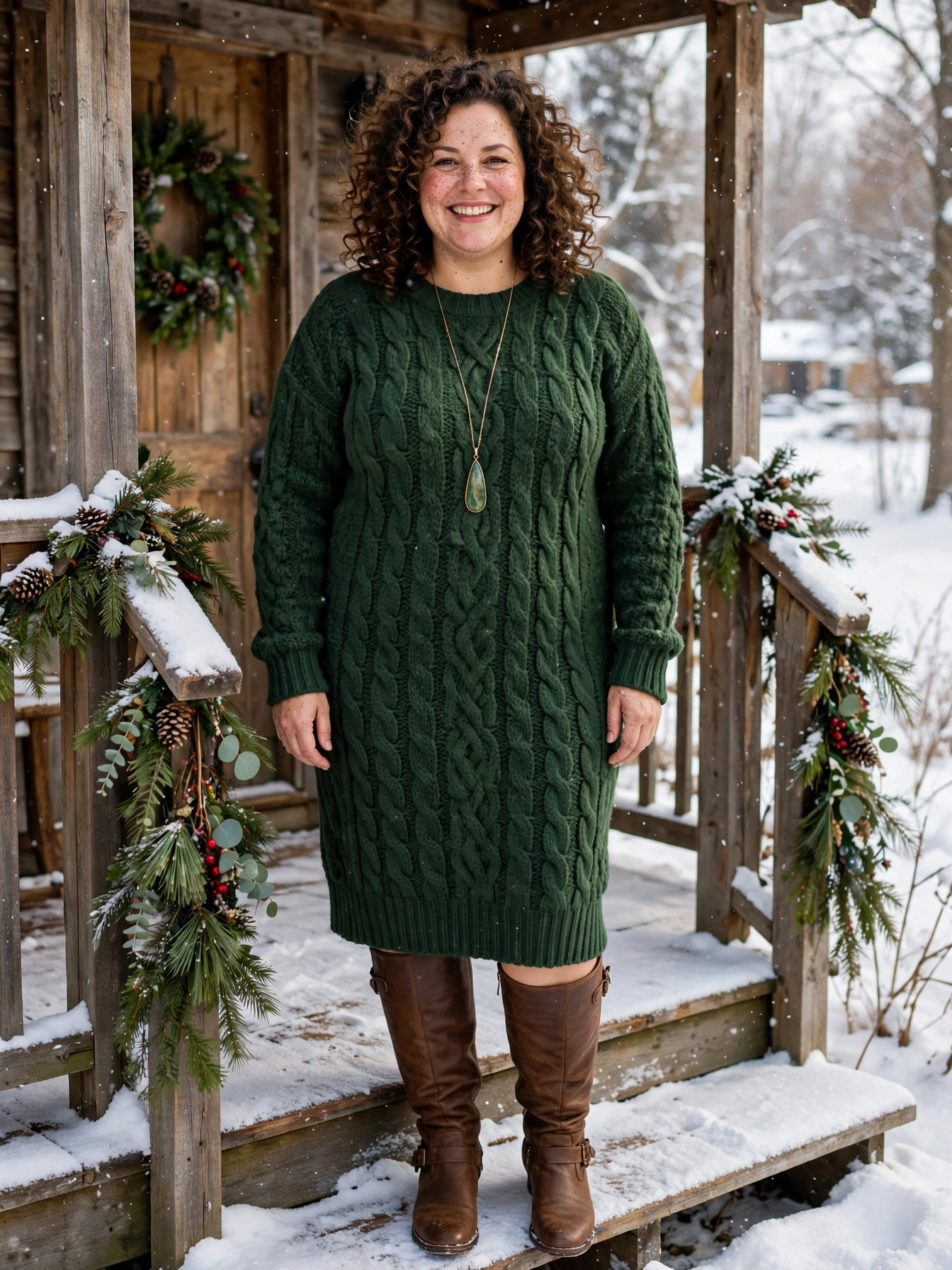 Plus-size woman in a hunter green sweater dress and knee-high boots on a snowy porch