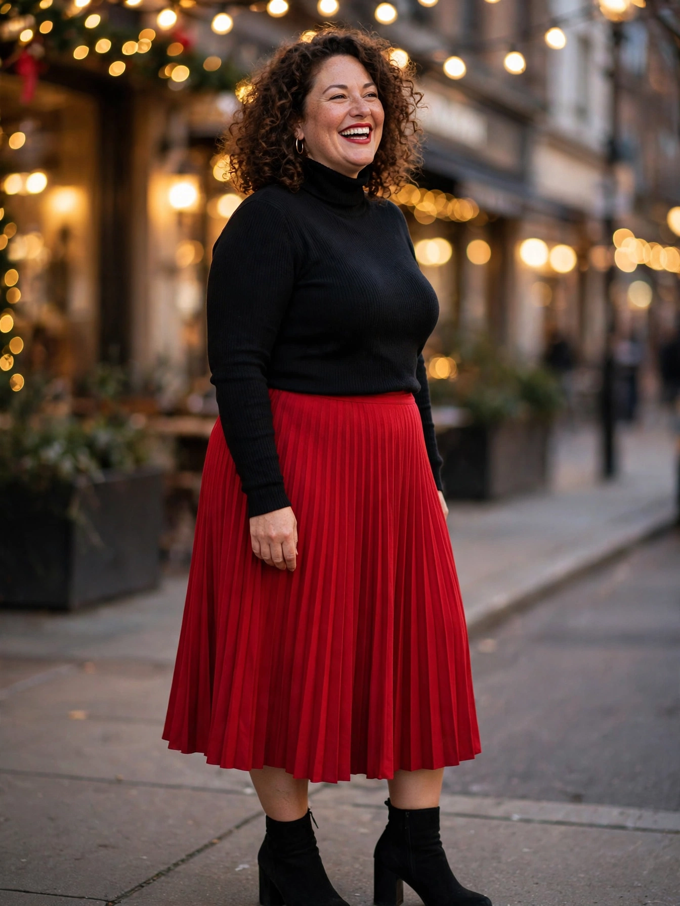 Plus-size woman in a black turtleneck and red pleated midi skirt with holiday lights behind