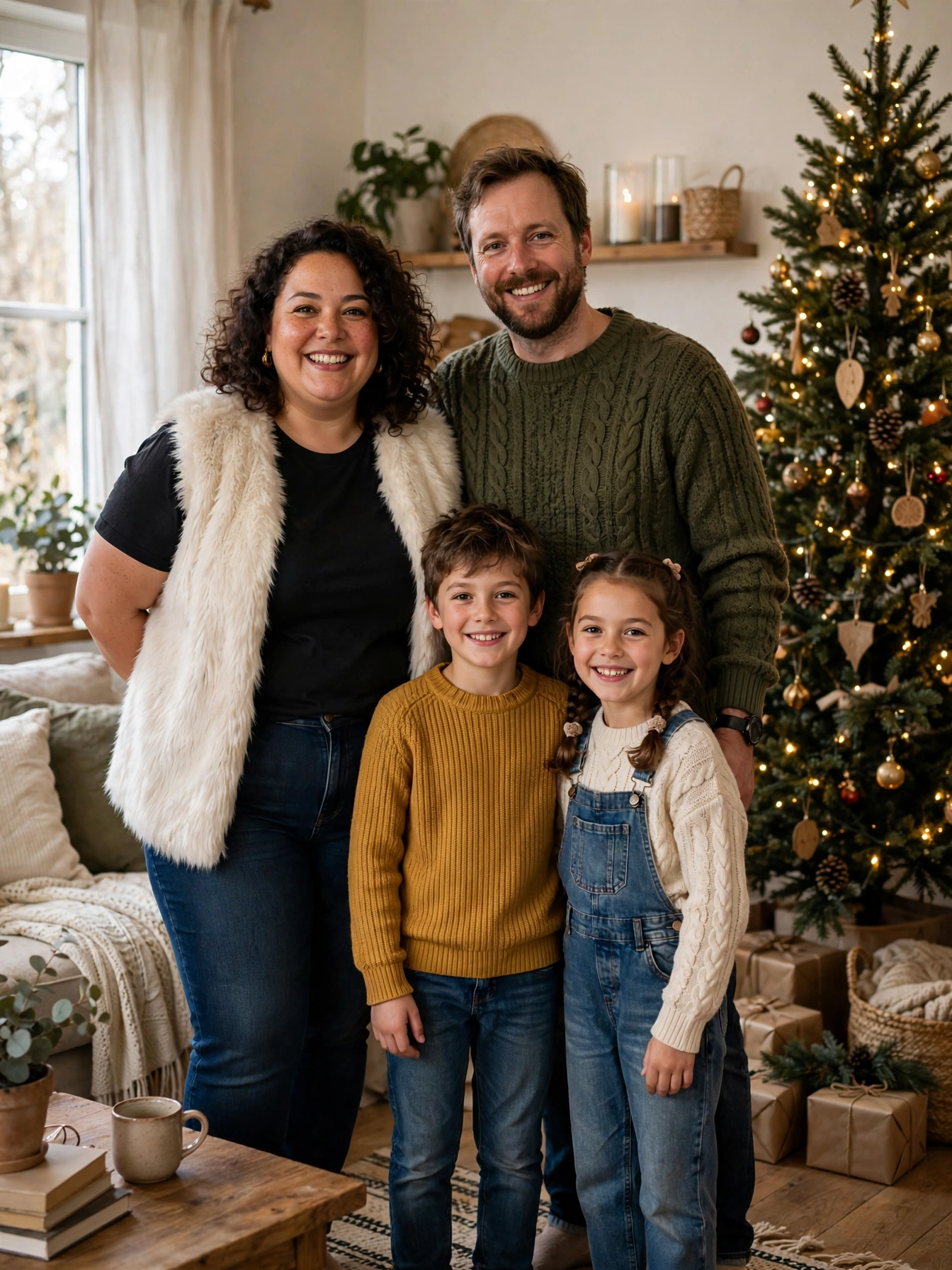 Plus-size woman in an ivory faux-fur vest with family in a cozy decorated living room