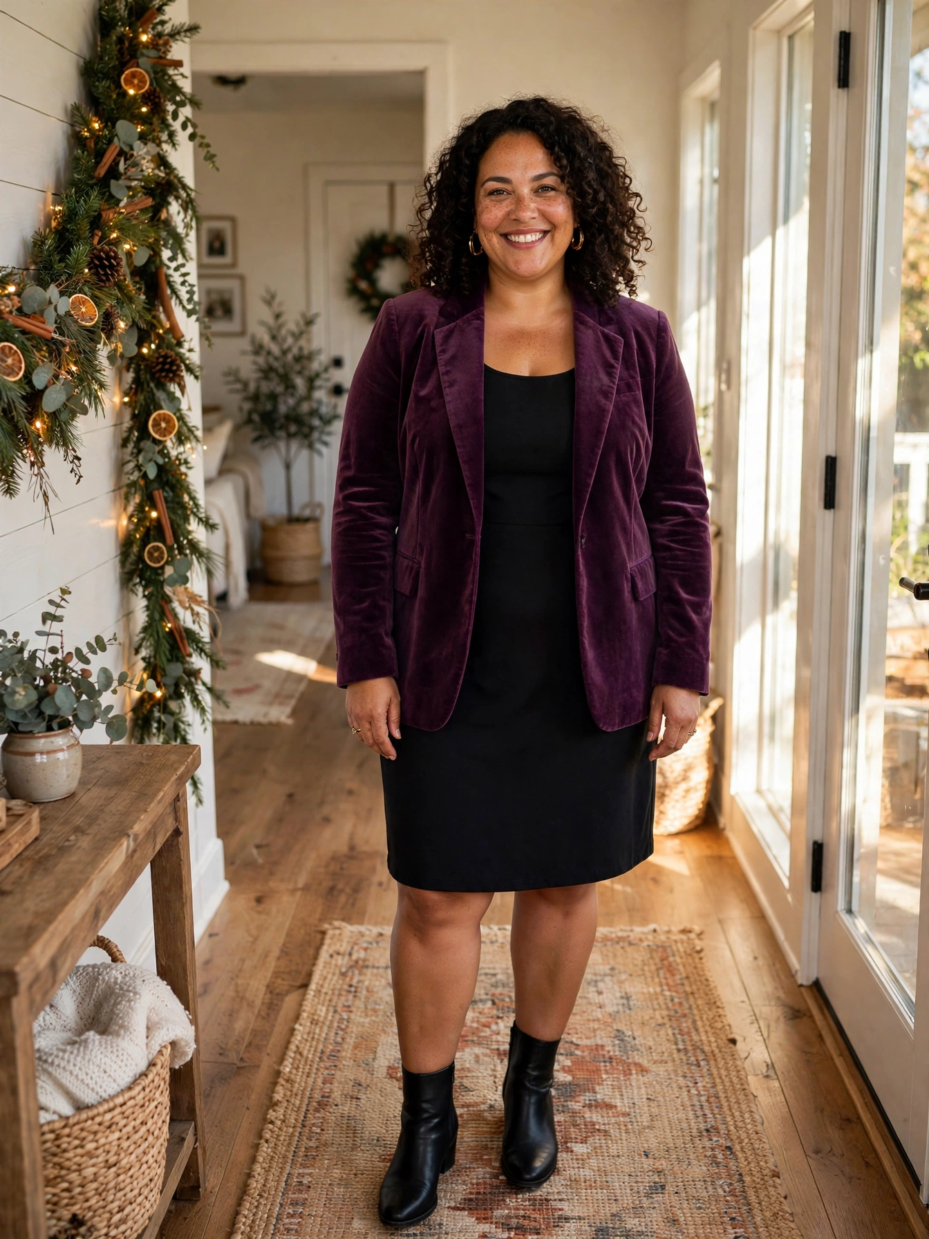 Plus-size woman in a plum velvet blazer over a black dress in a festive hallway