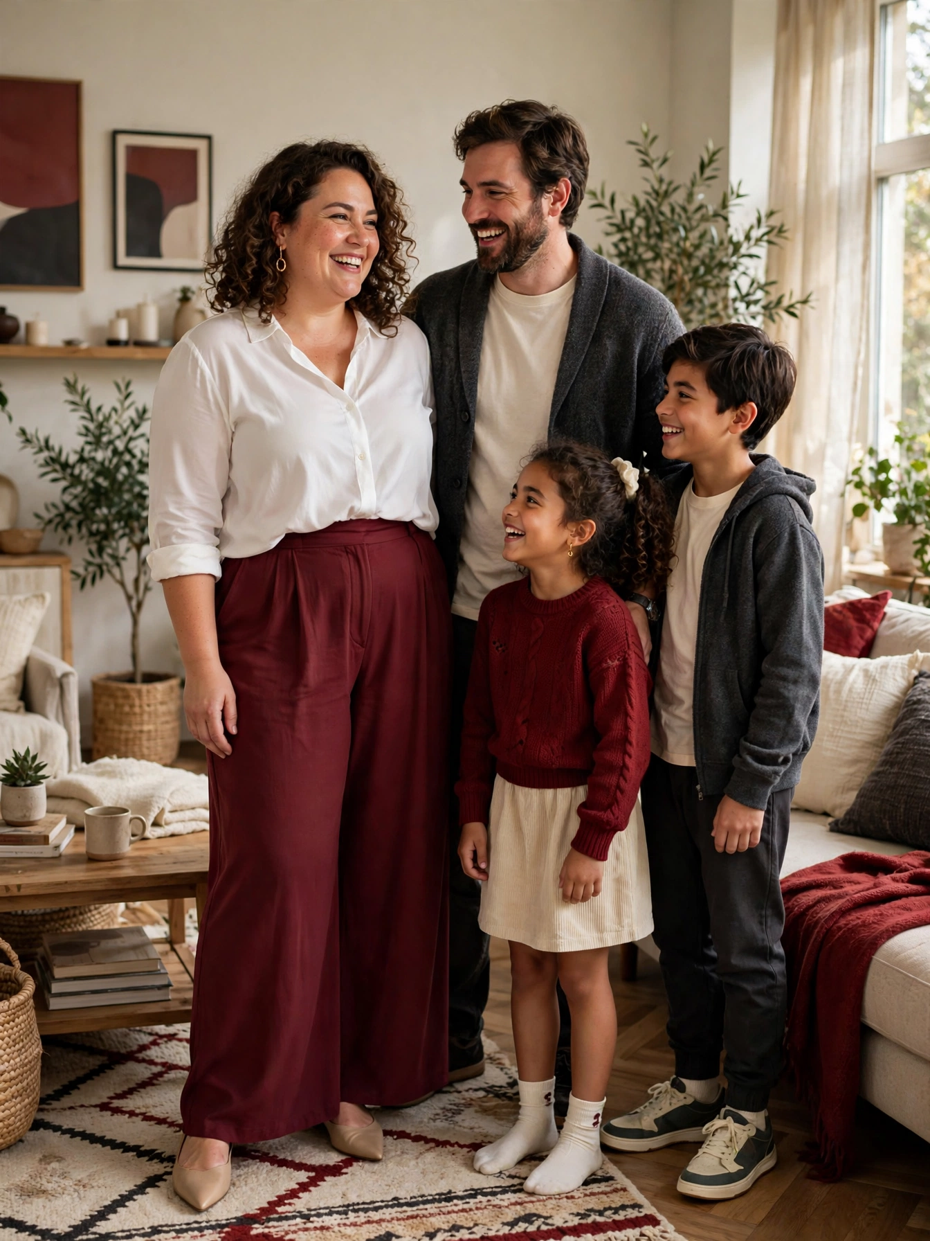 Plus-size woman in a white blouse and burgundy wide-leg trousers with family