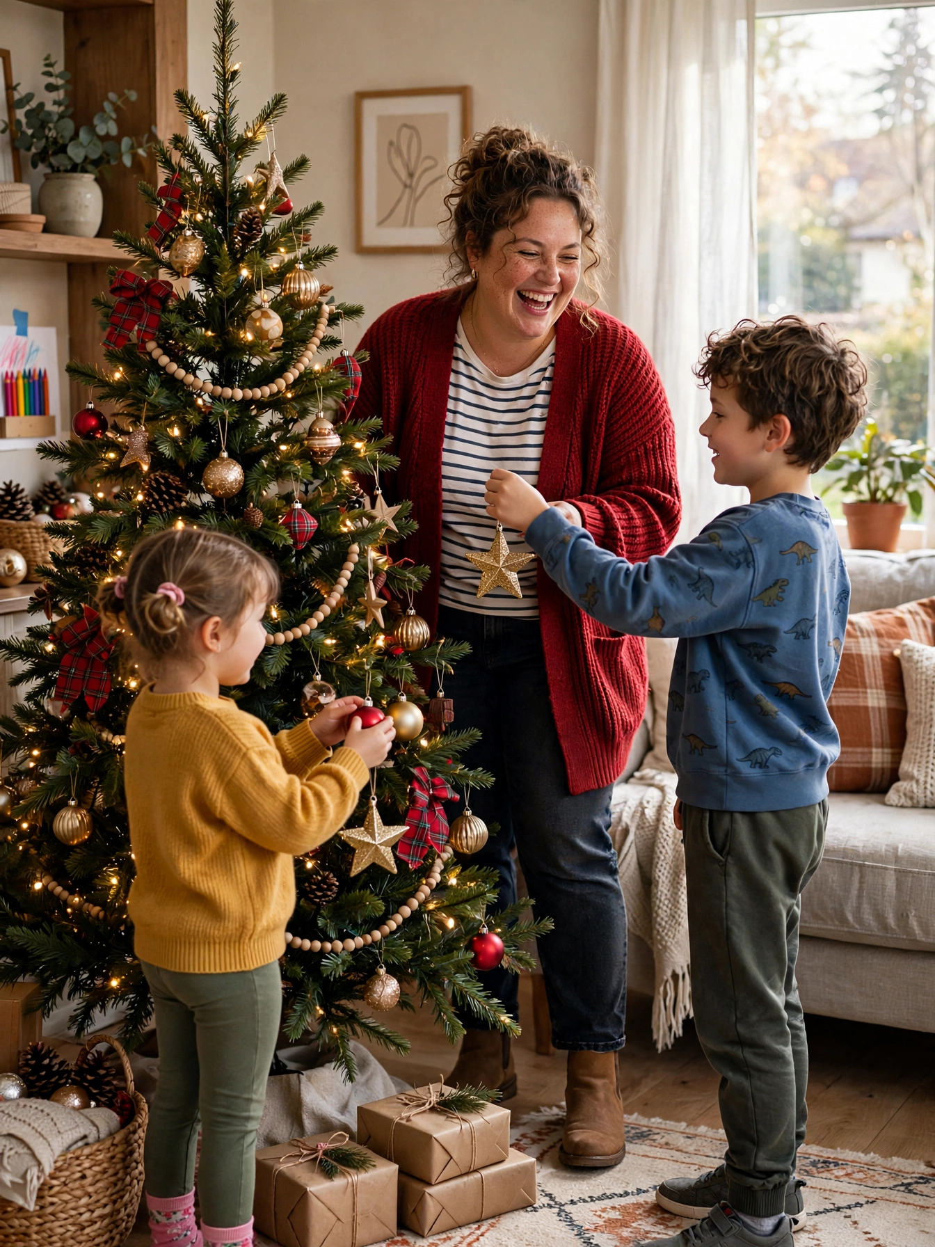 Plus-size woman in a cranberry cardigan decorating the Christmas tree with her children