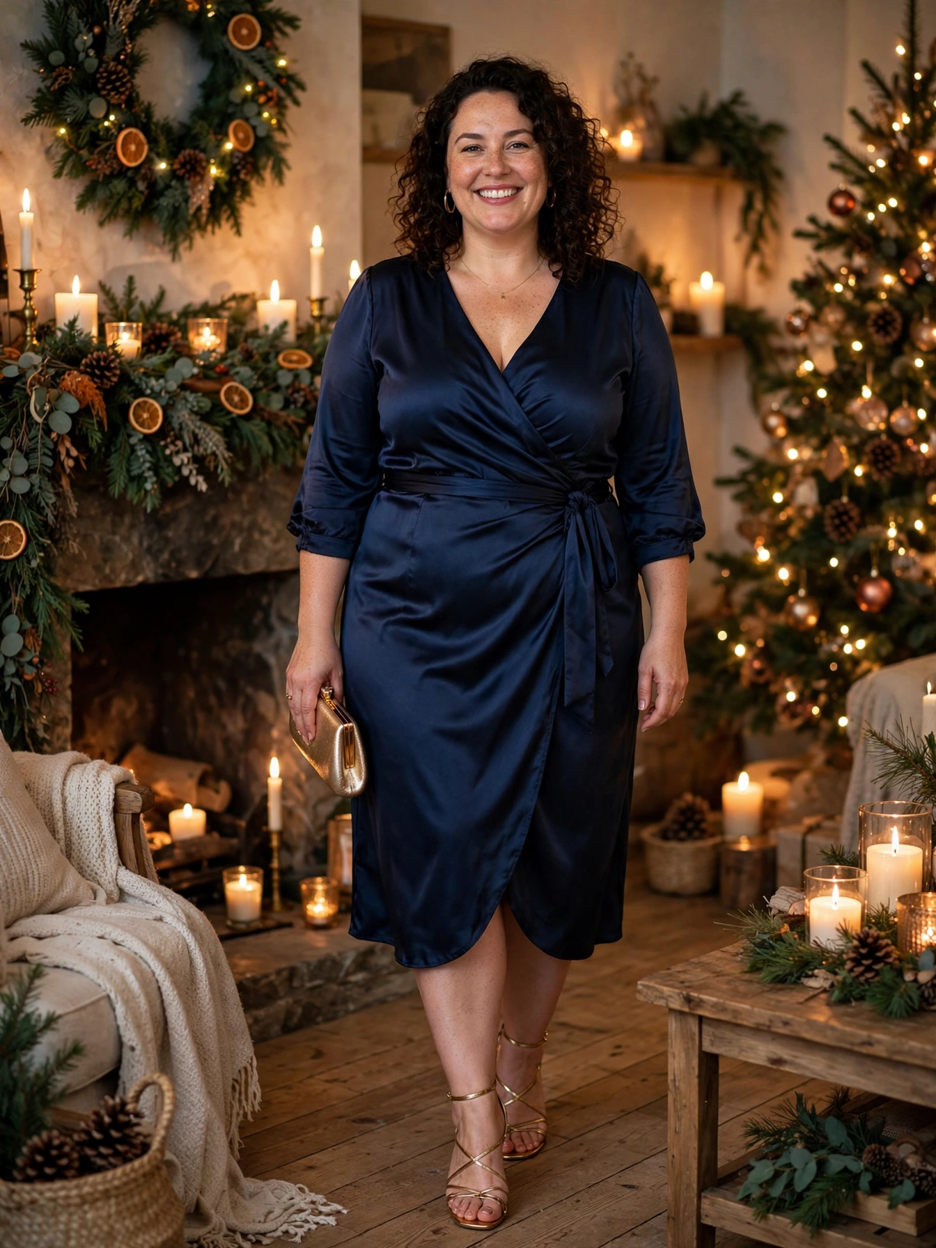 Plus-size woman in a midnight blue satin dress in a candlelit decorated interior