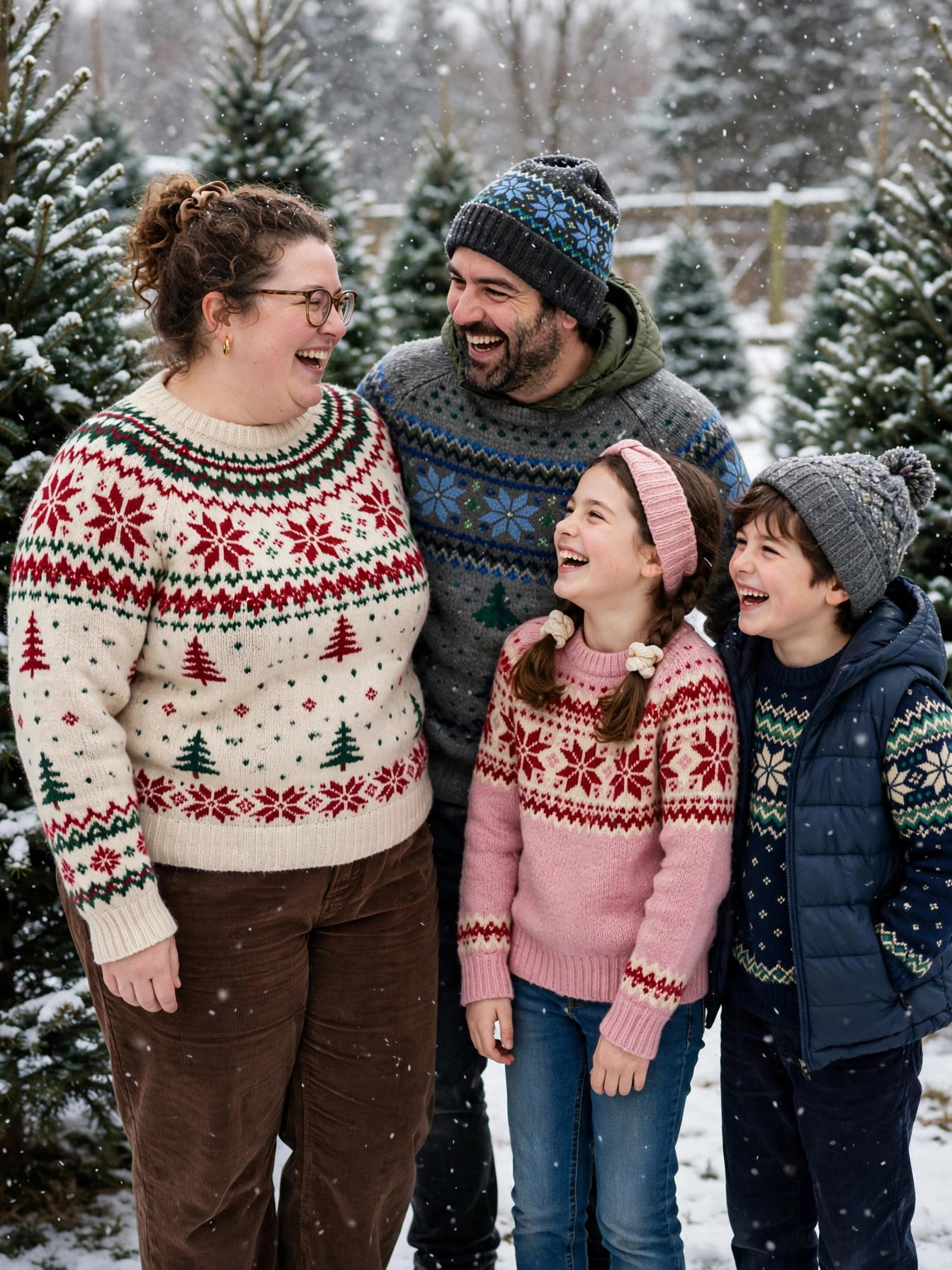 Plus-size woman in a Fair Isle sweater with family outdoors in falling snow