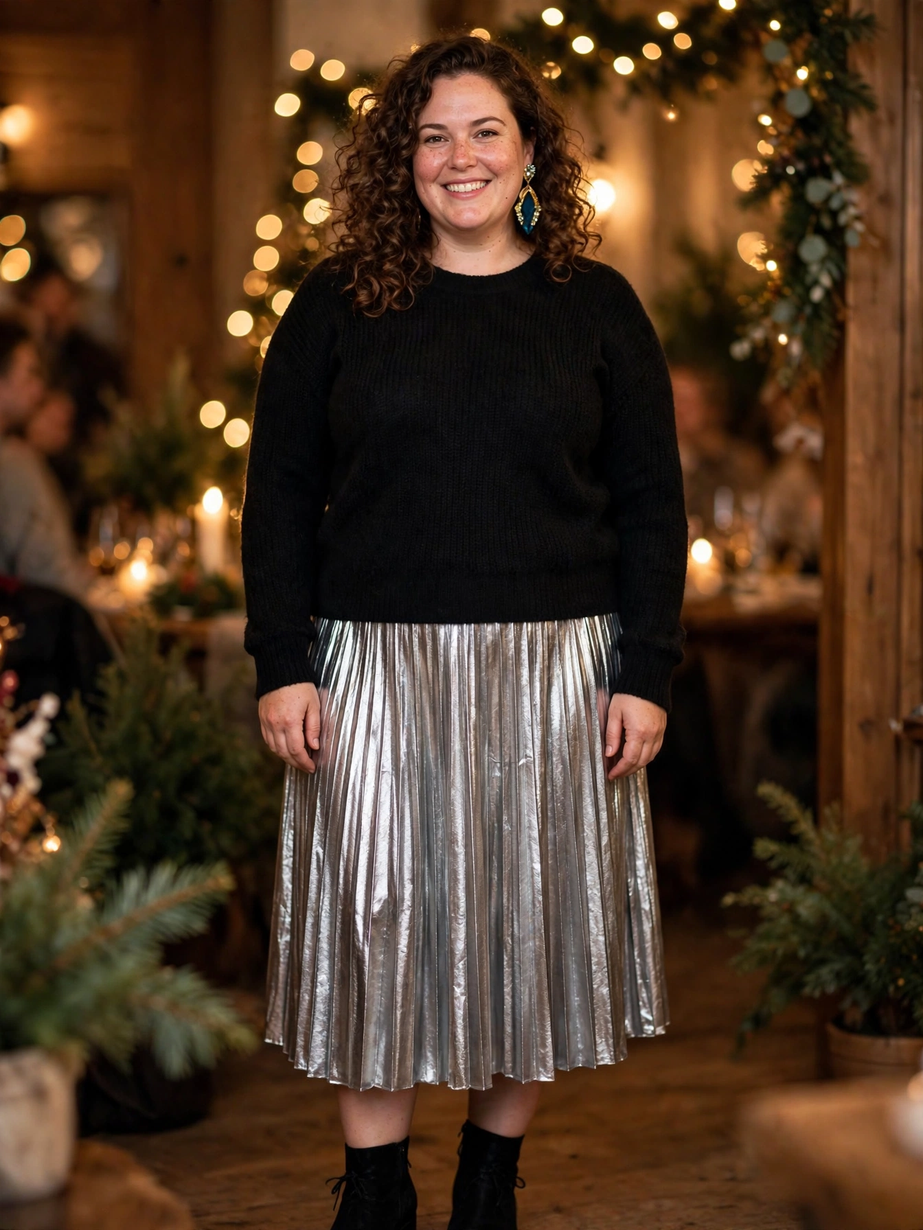 Plus-size woman in a silver metallic pleated skirt and black knit top at a holiday party
