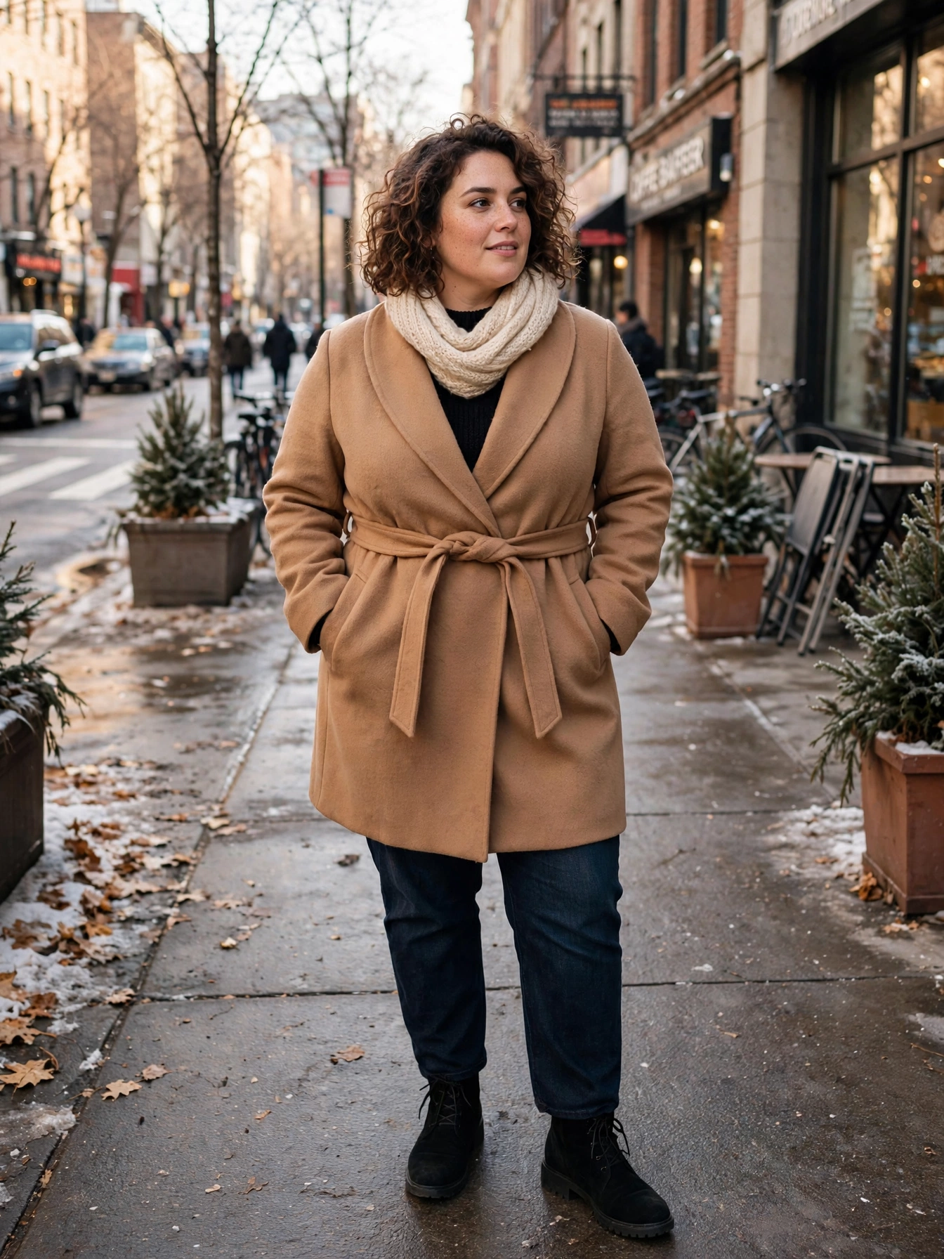 Plus-size woman in a belted camel wrap coat with a cream scarf on a city street in winter