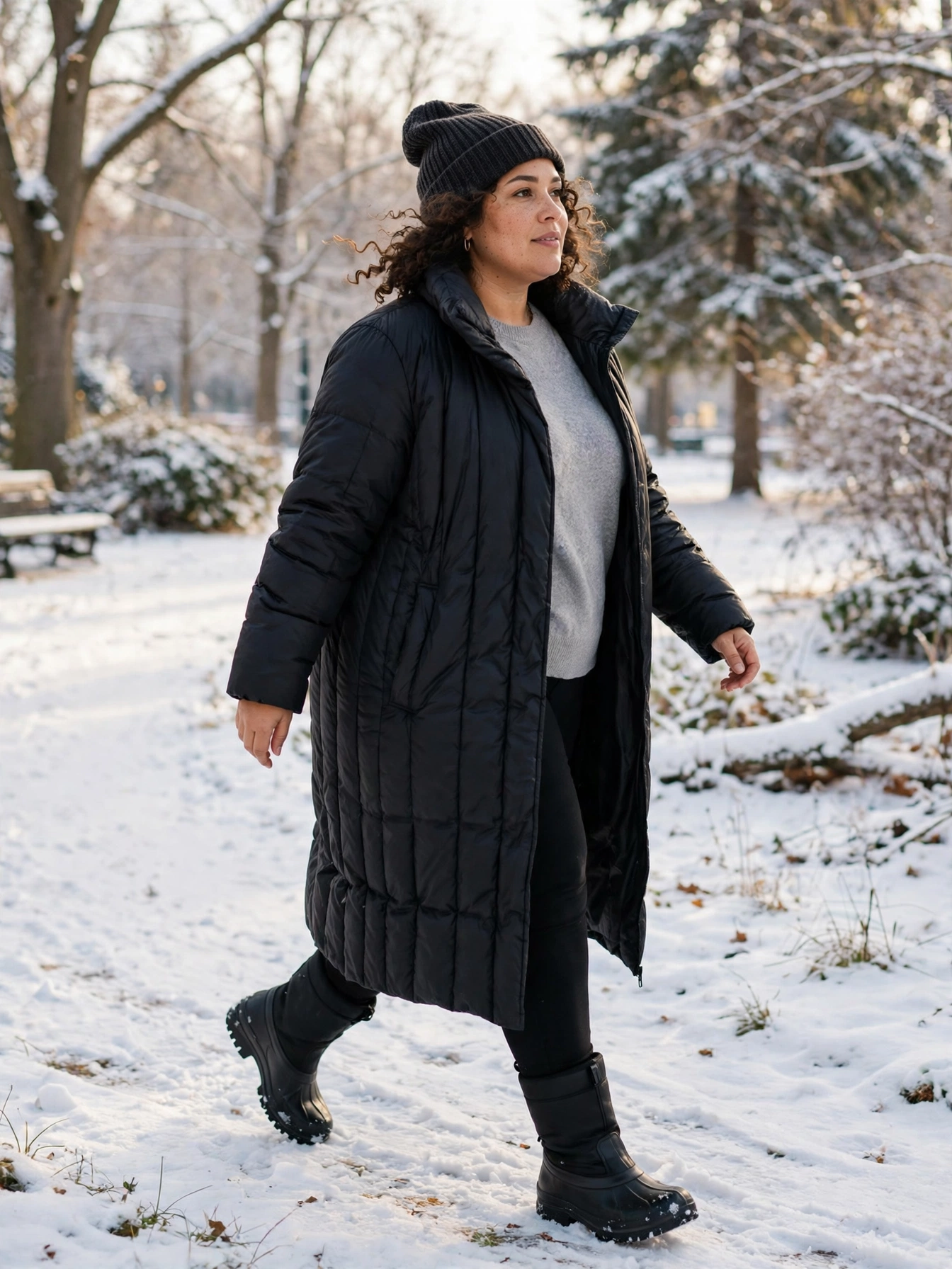 Plus-size woman in a long black puffer coat with a knit beanie walking through a snowy park