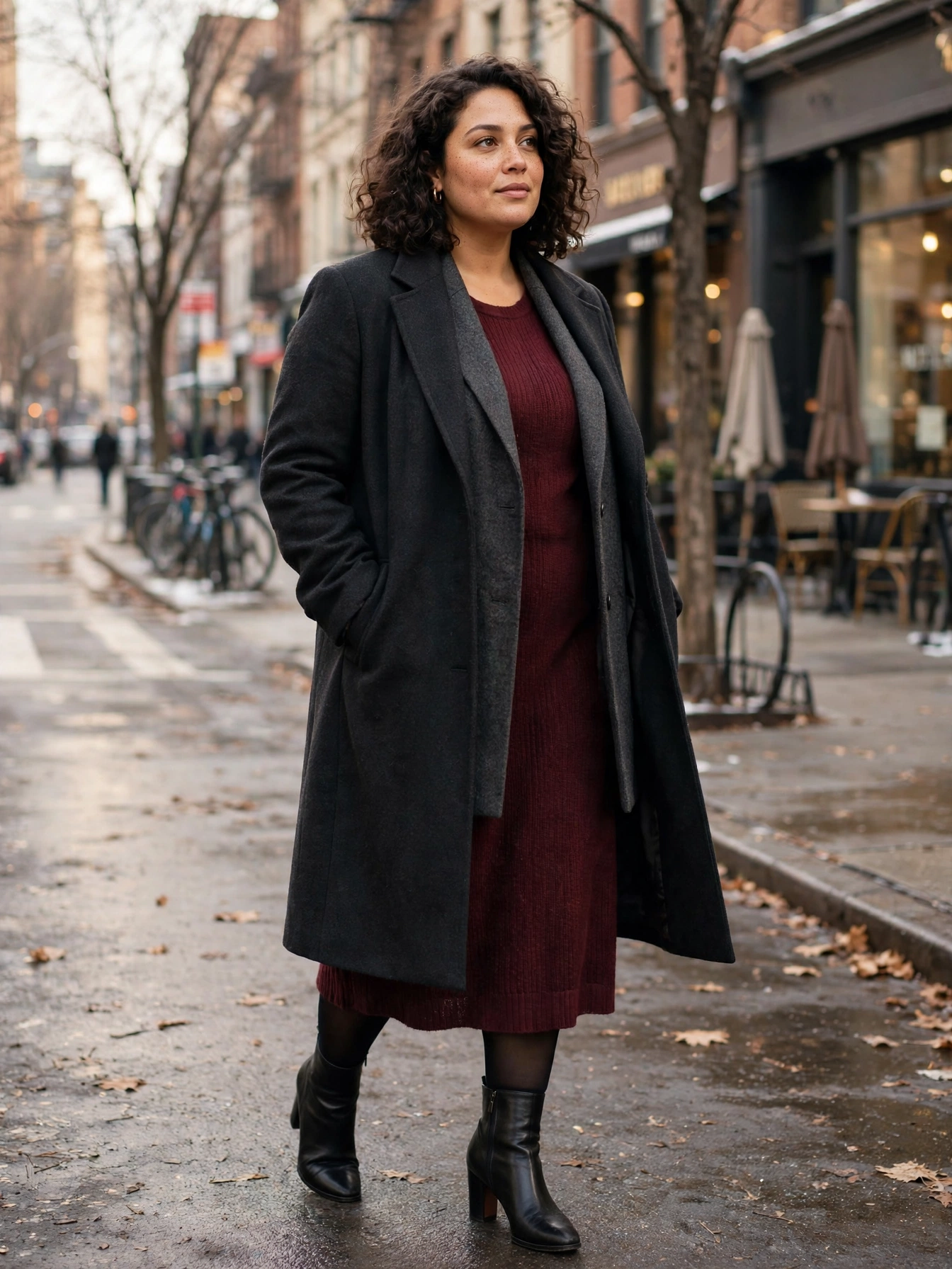 Plus-size woman in a tailored charcoal wool overcoat over a knit dress on a winter city street