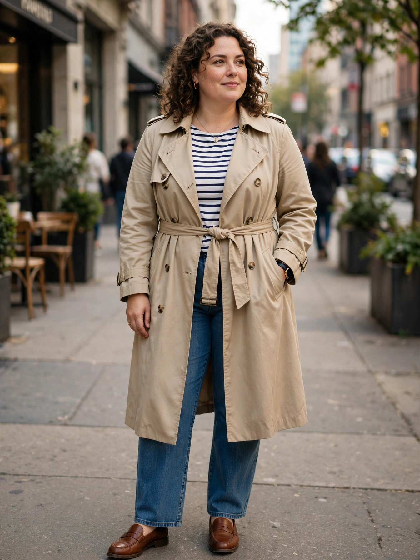 Plus-size woman in a classic beige trench coat with belted waist over jeans in soft daylight