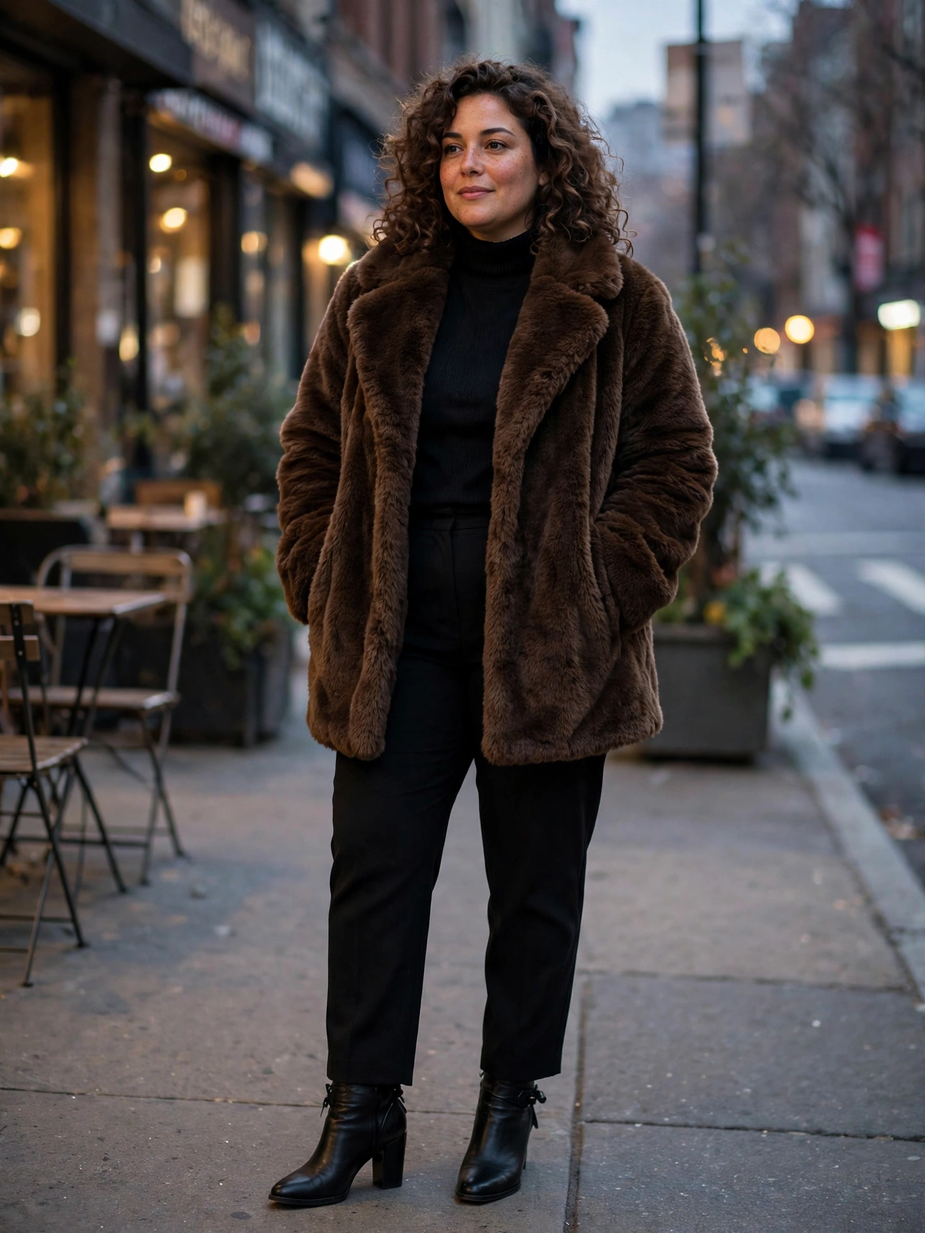 Plus-size woman in a plush espresso faux-fur coat over an all-black outfit on a city street at dusk