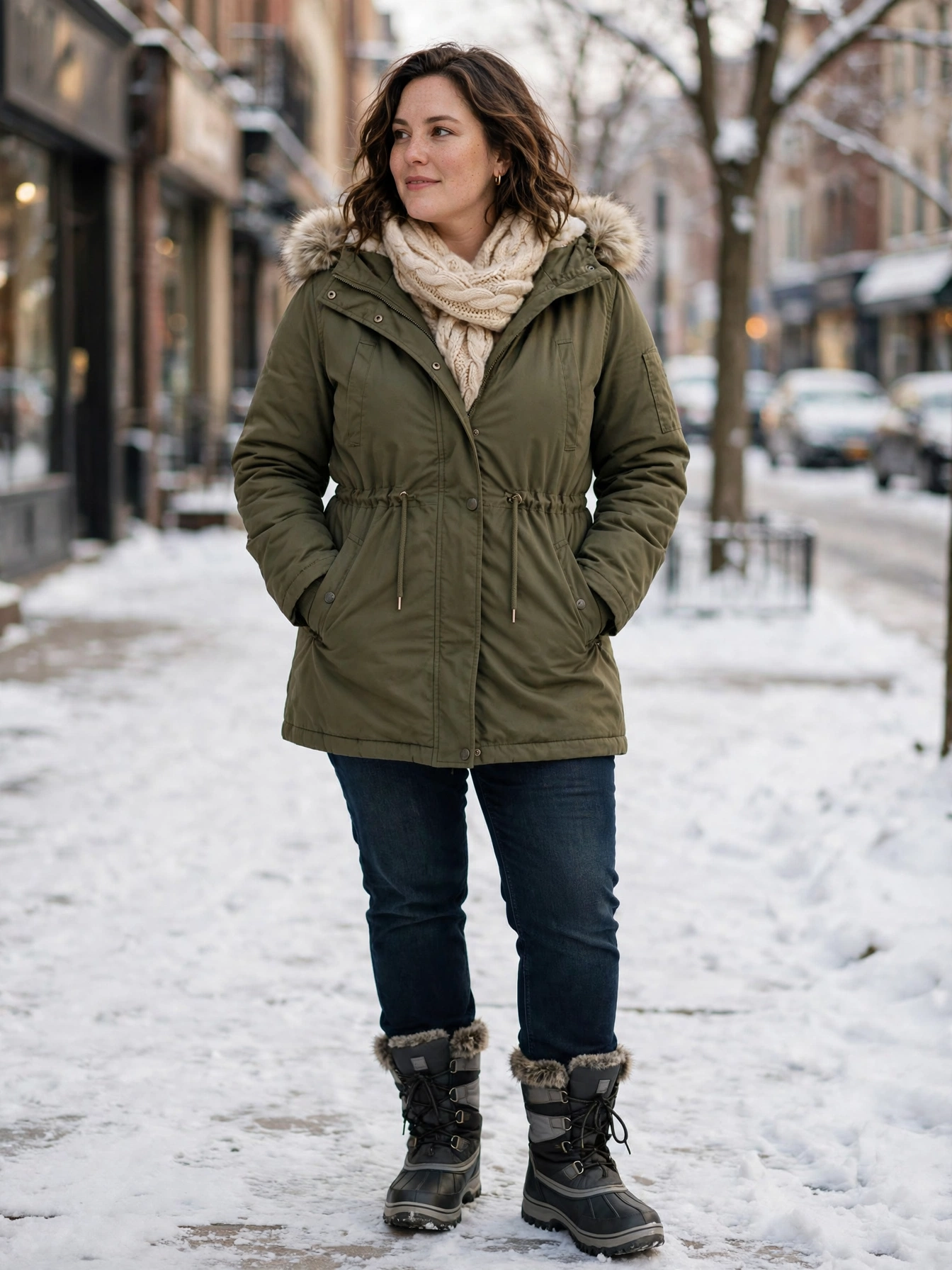 Plus-size woman in an olive parka with a faux-fur-trim hood and chunky scarf on a snowy sidewalk