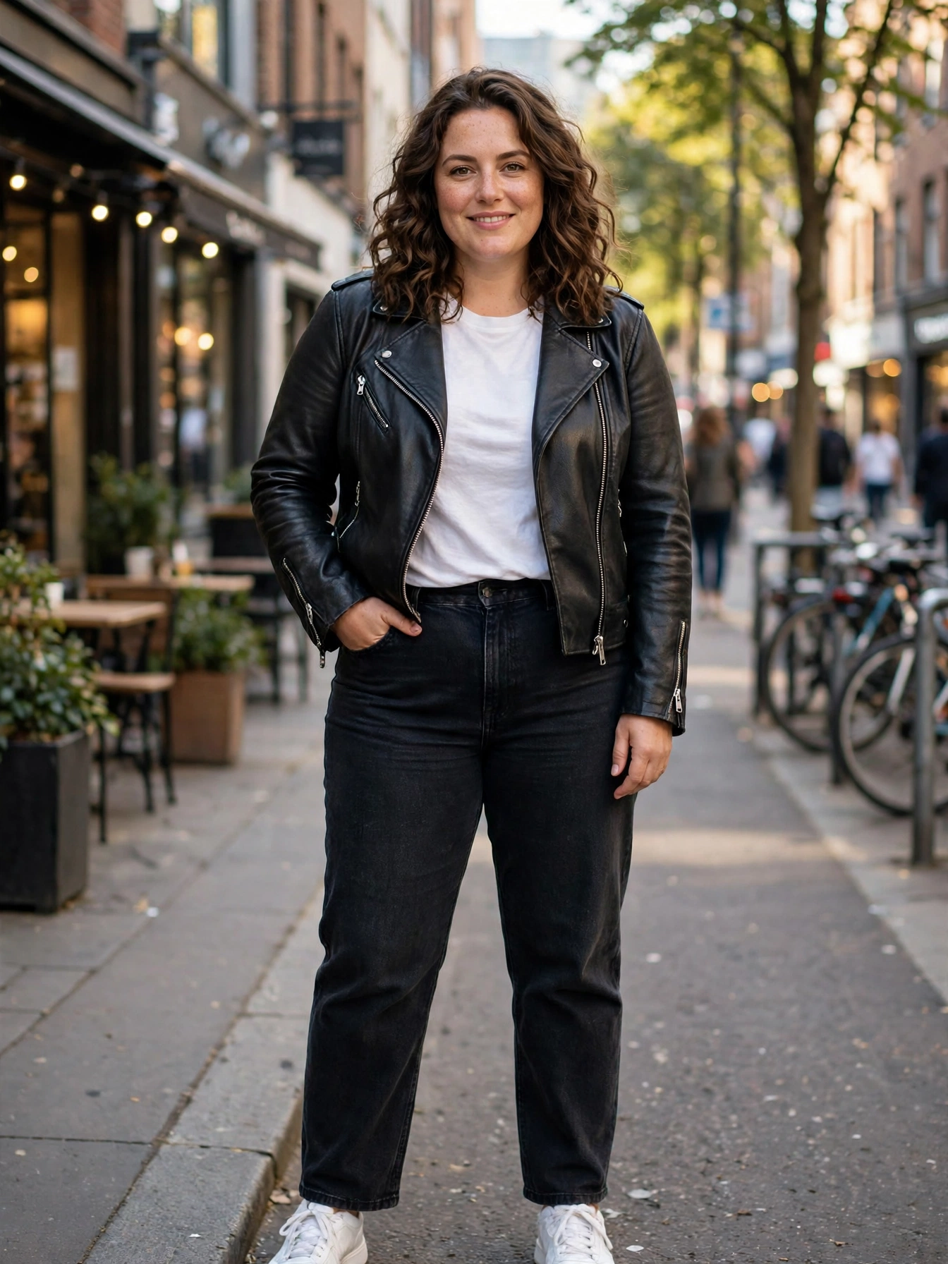 Plus-size woman in a black moto leather jacket with a white top and dark jeans on a city street