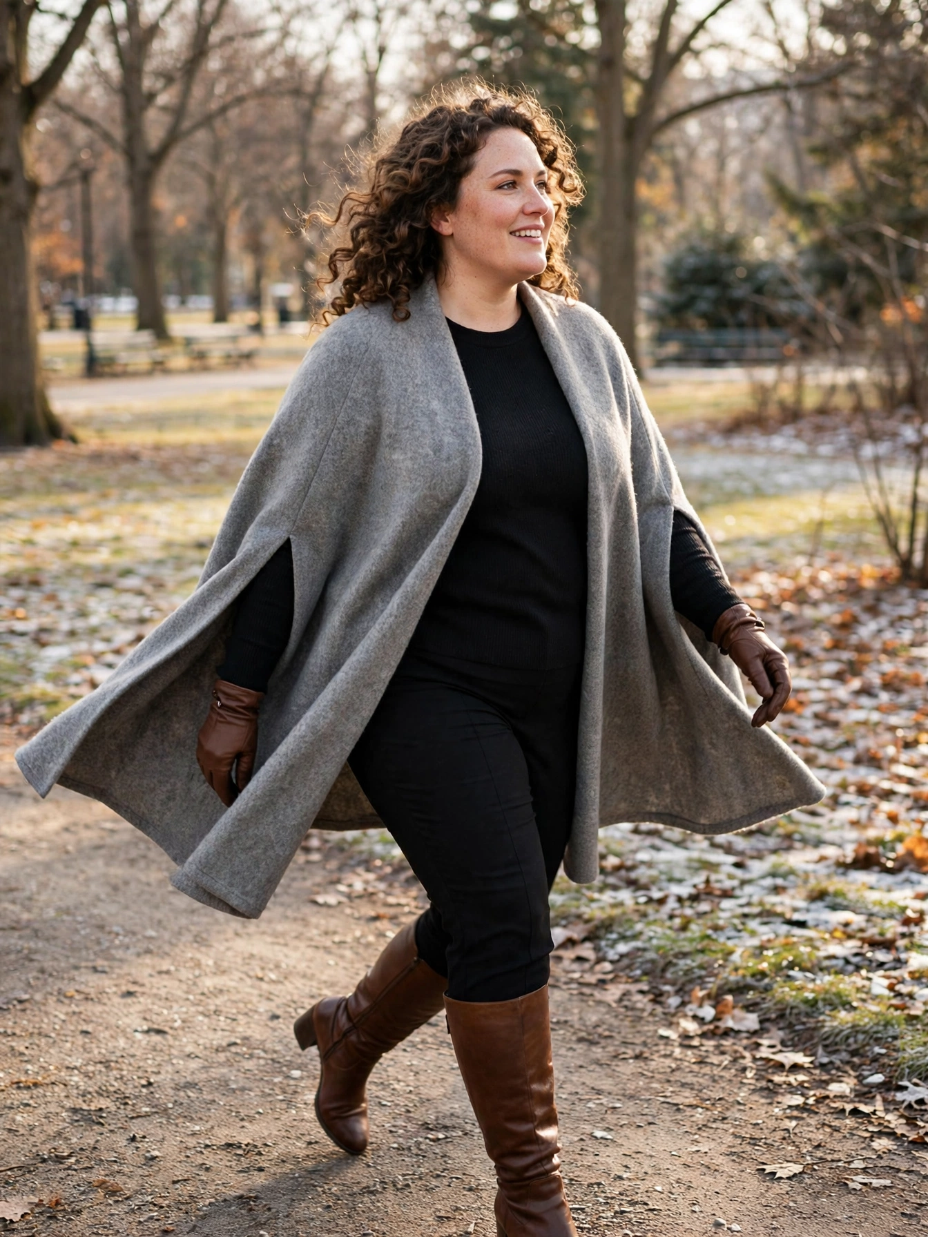 Plus-size woman in a soft grey wool cape with leather gloves walking through a winter park
