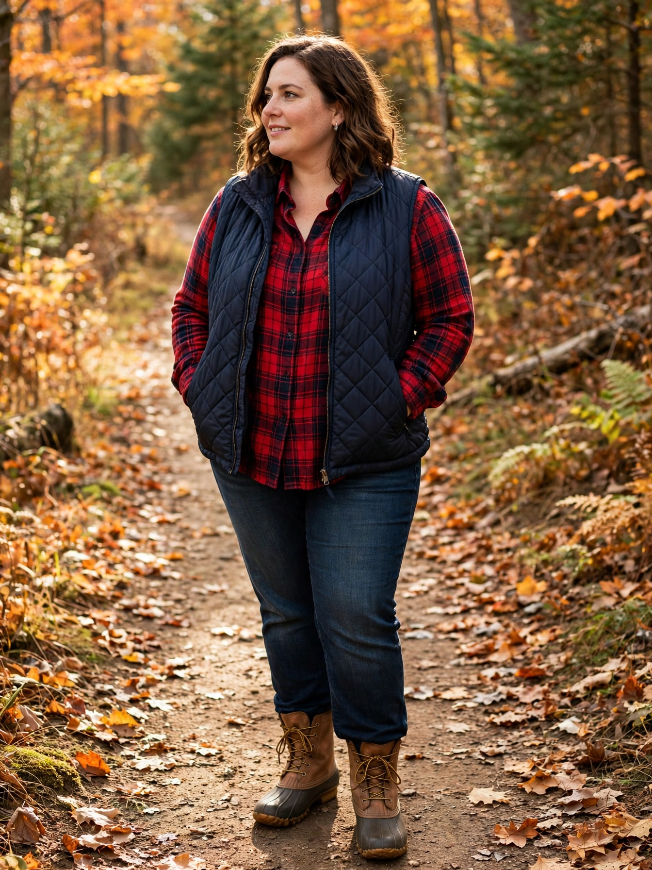 Plus-size woman in a navy quilted vest layered over a plaid flannel shirt on an autumn trail