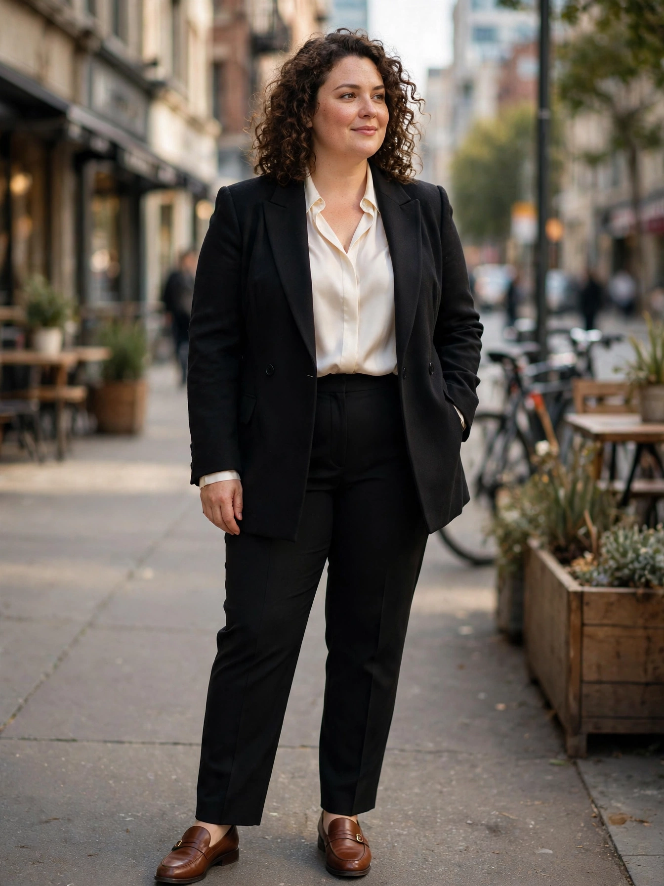 Plus-size woman in a tailored black blazer-coat with a silk blouse and trousers in the city