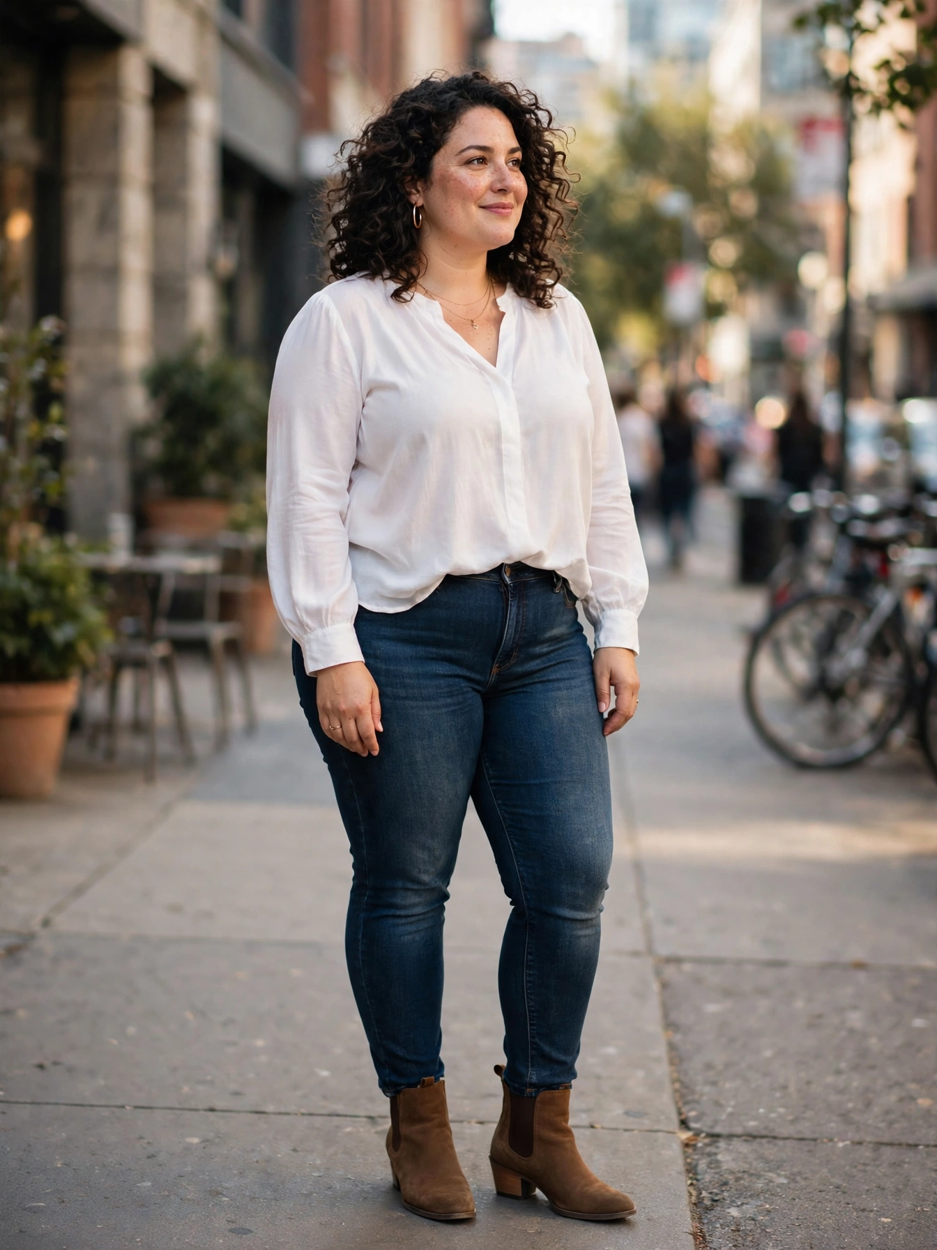 Plus-size woman wearing dark-wash skinny jeans with a white blouse and ankle boots on a city street