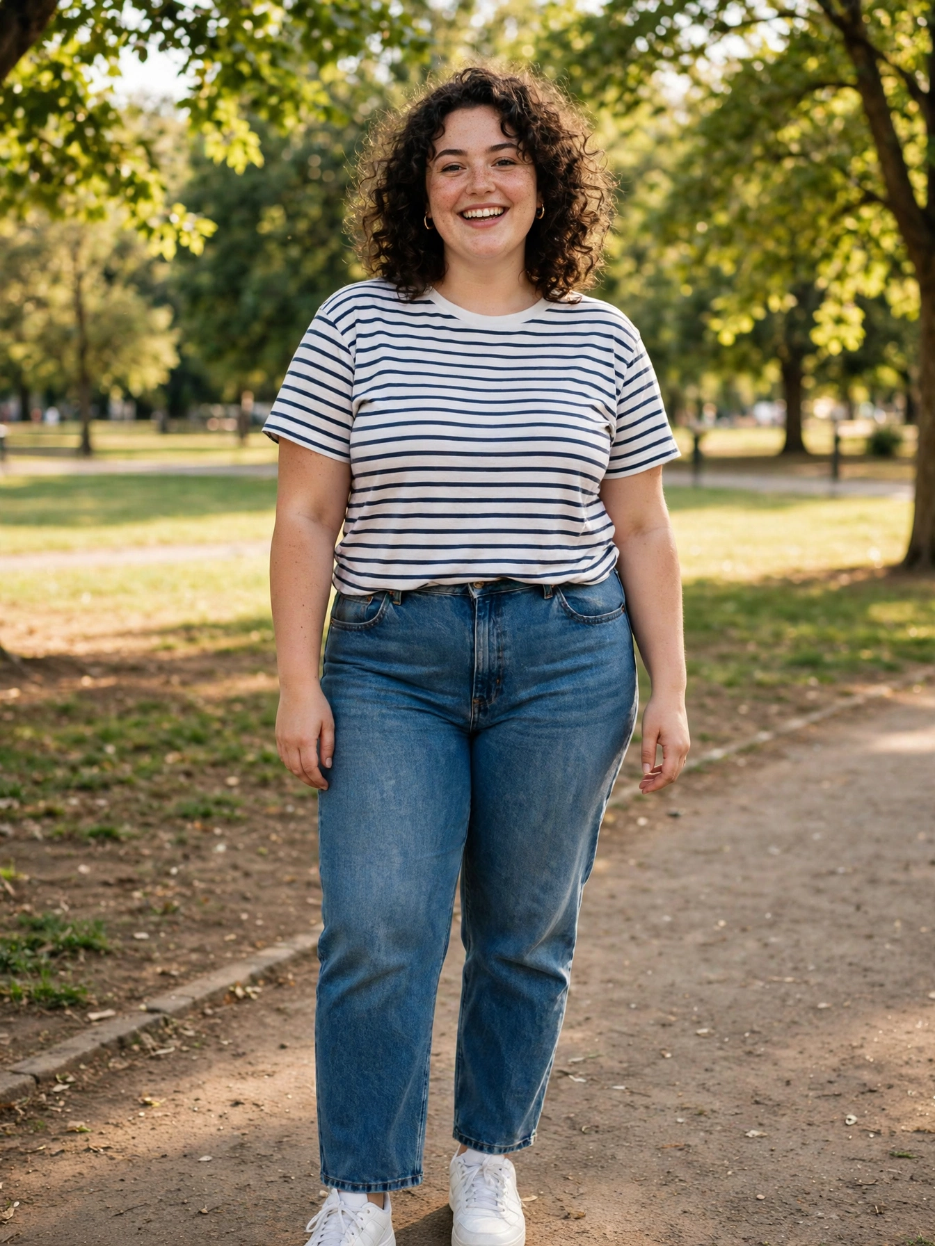 Curvy woman in medium-wash straight-leg jeans with a striped tee and white sneakers in a park