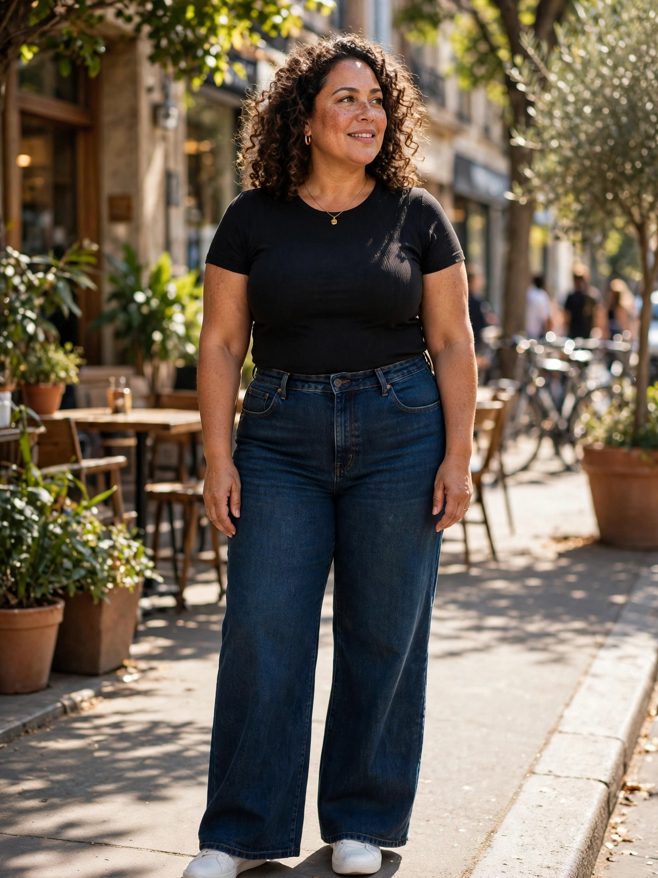 Plus-size woman wearing high-rise wide-leg jeans with a fitted black top on a sunny street