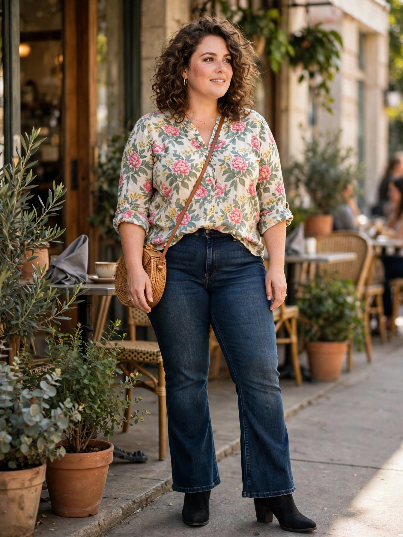 Curvy woman in dark bootcut jeans with a floral blouse and heeled boots outside a cafe