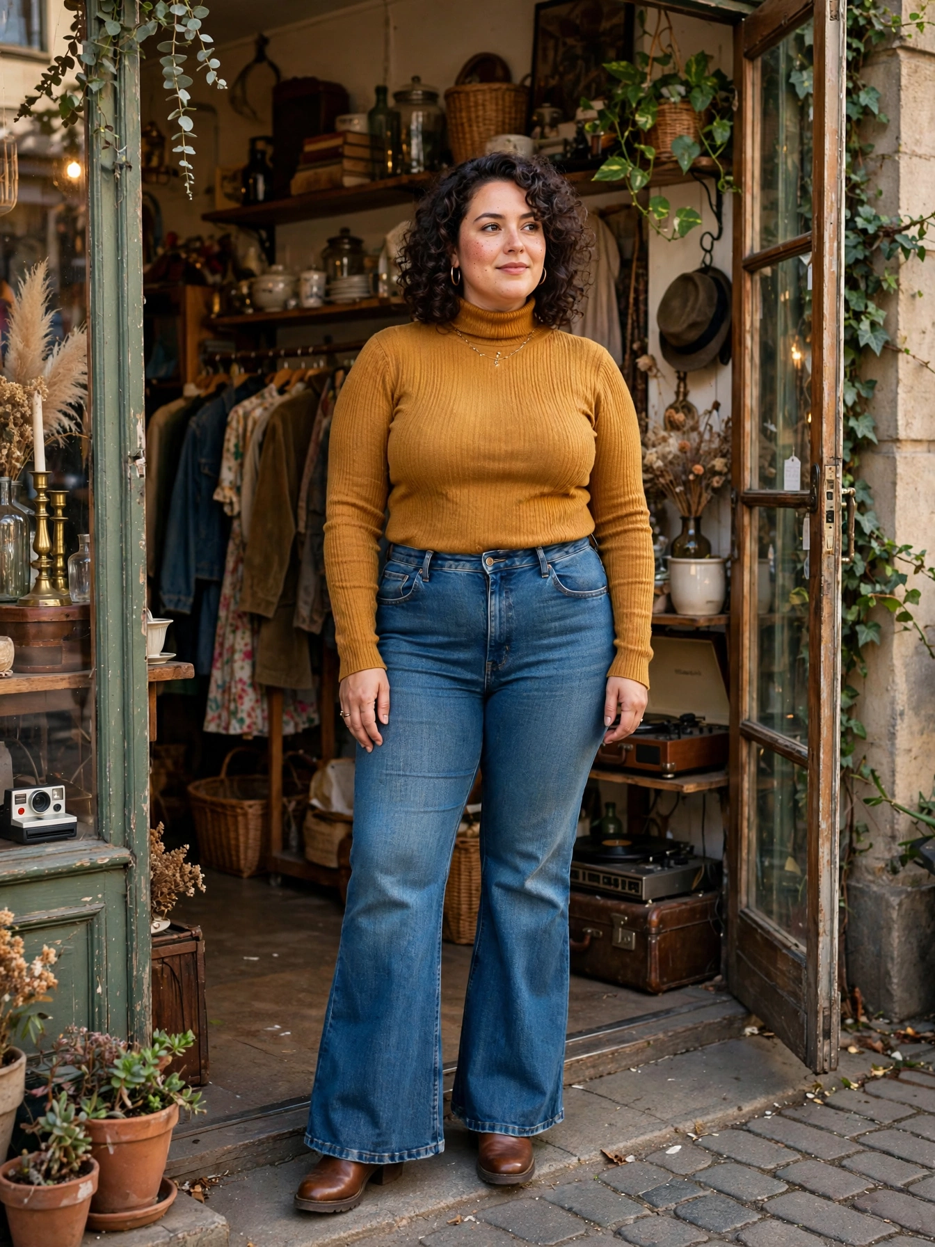 Plus-size woman wearing retro flare jeans with a fitted turtleneck in a vintage shop doorway