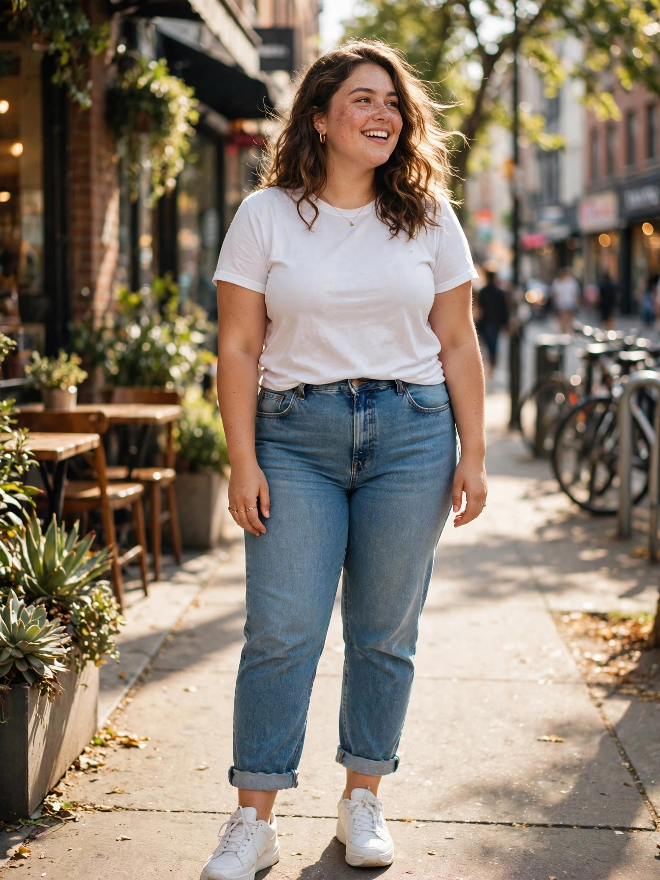 Plus-size woman in high-rise mom jeans with a tucked-in white tee and sneakers on a sidewalk
