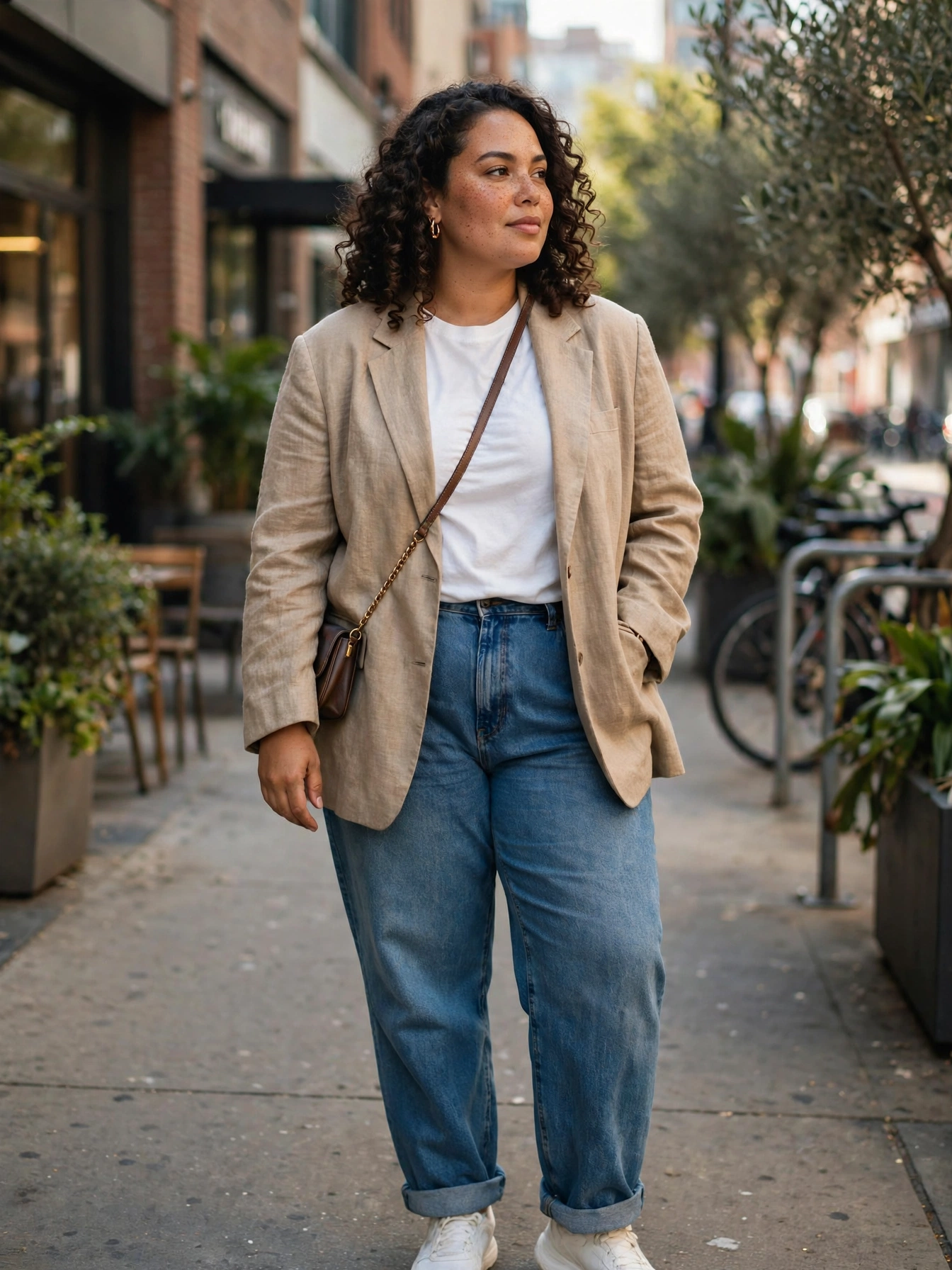 Curvy woman wearing relaxed boyfriend jeans with an oversized blazer on a city sidewalk