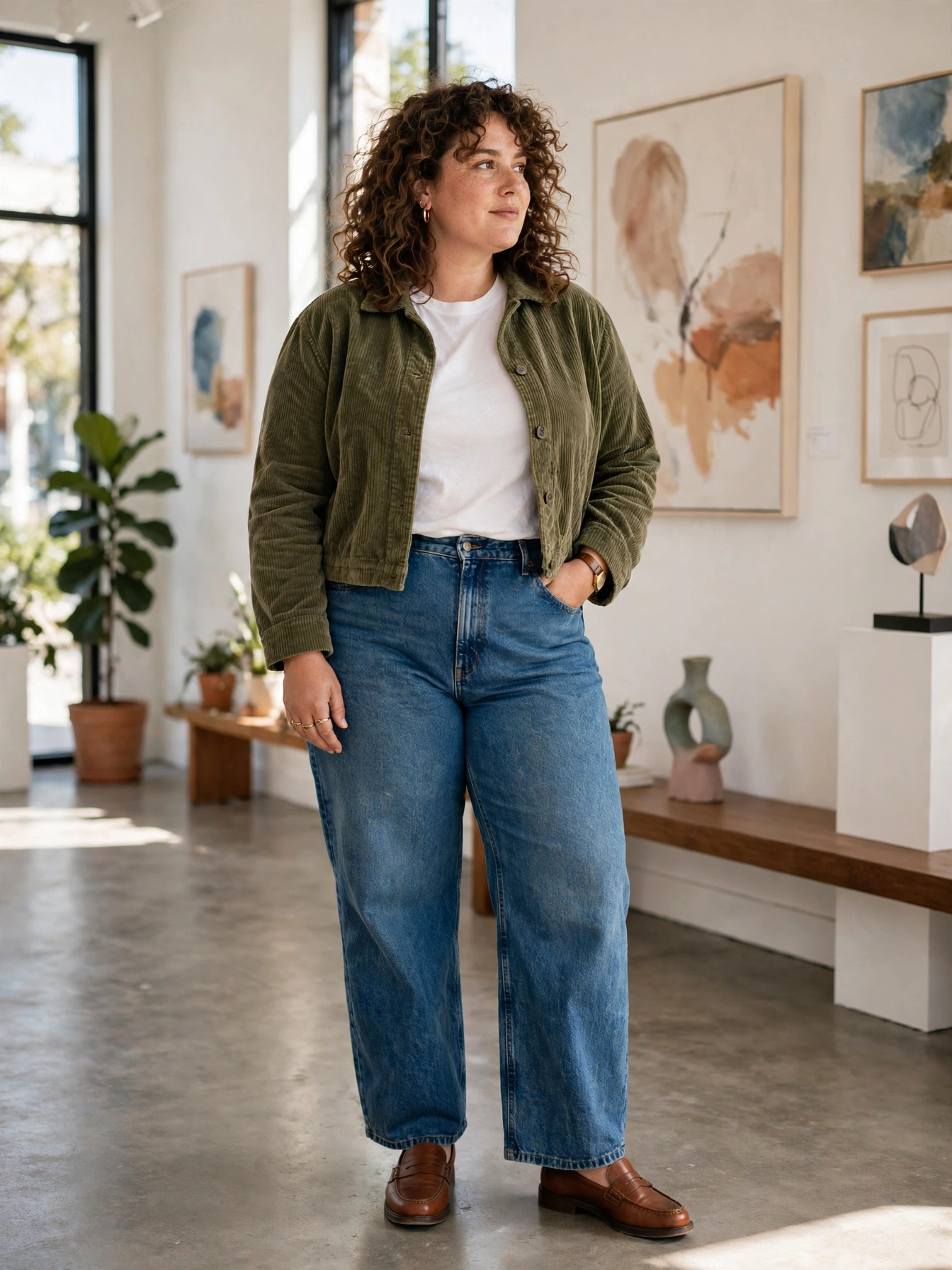 Plus-size woman in barrel-leg jeans with a cropped jacket and loafers in an art gallery