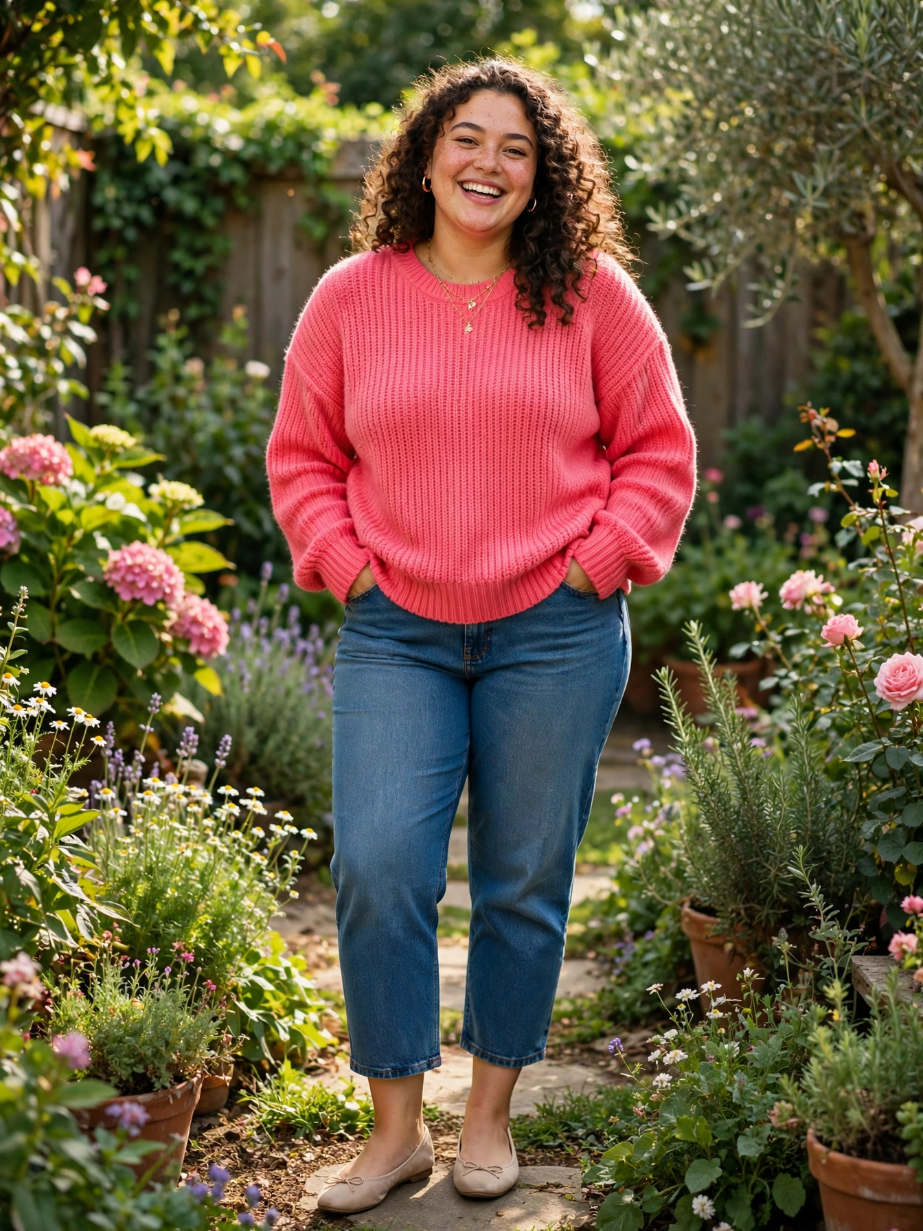 Plus-size woman wearing cropped straight jeans with a bright sweater and ballet flats in a garden