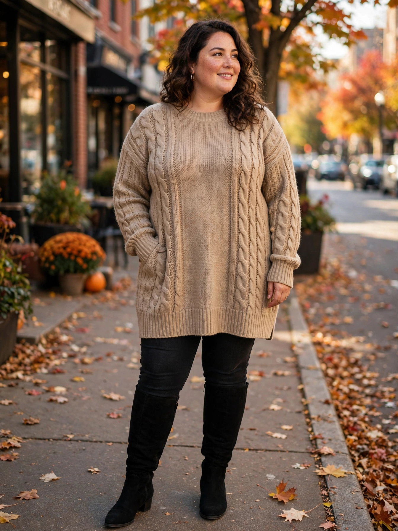 Curvy woman in black jeggings with a long tunic sweater and knee-high boots on a fall street