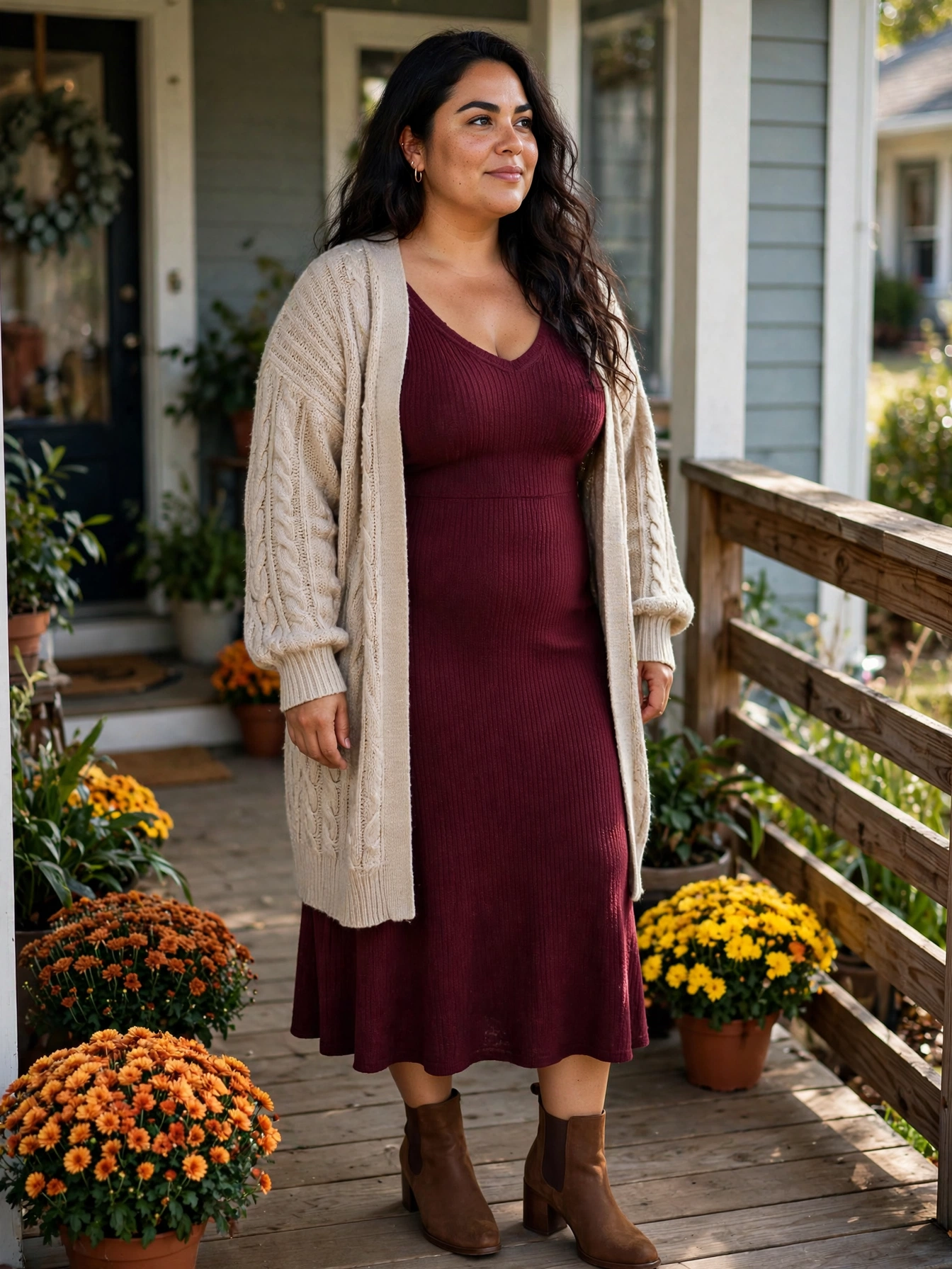 Plus-size woman in a burgundy knit midi dress with a long oatmeal cardigan on a home porch