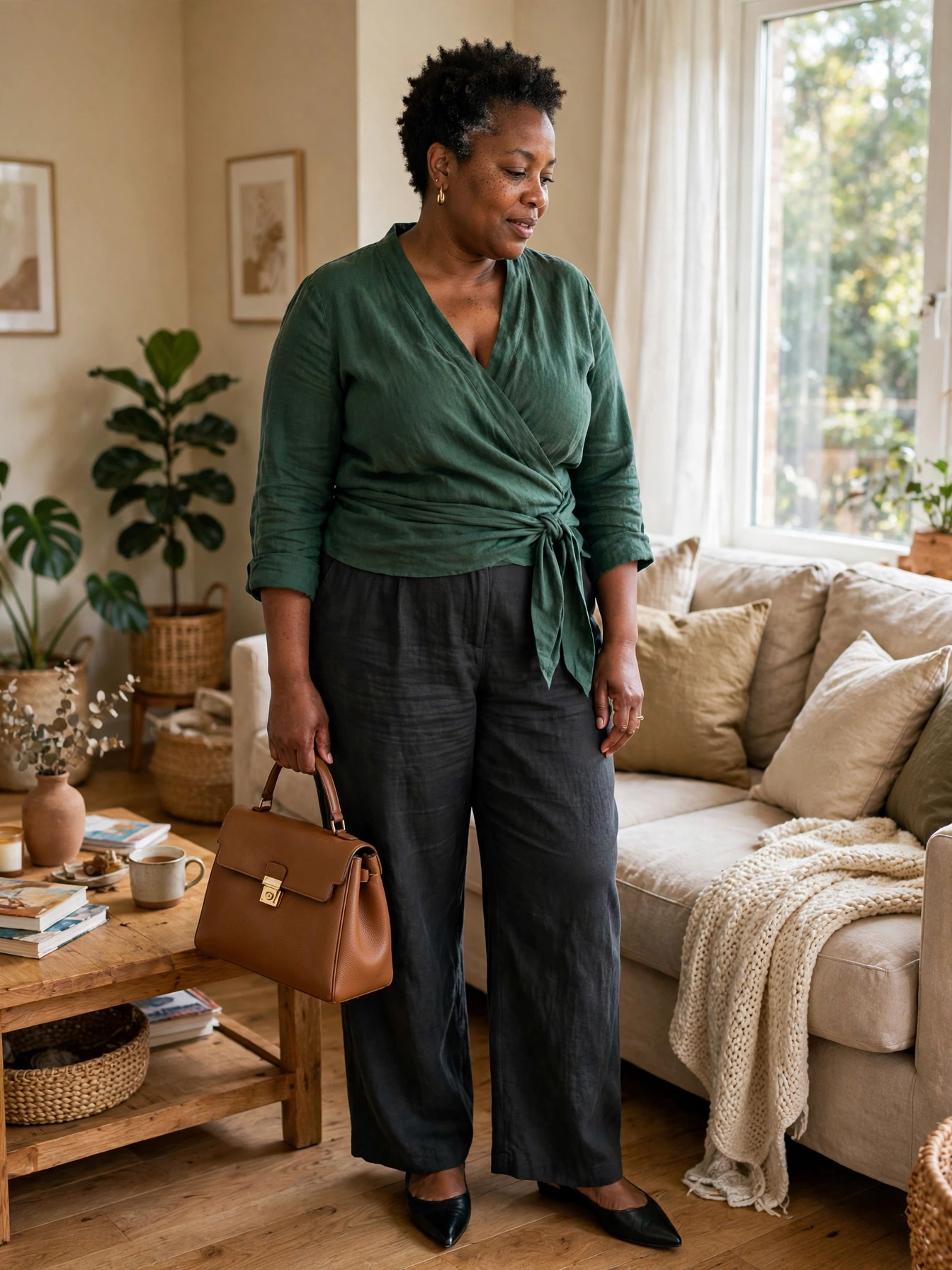 Plus-size woman in a forest green wrap top and dark wide-leg trousers in a living room