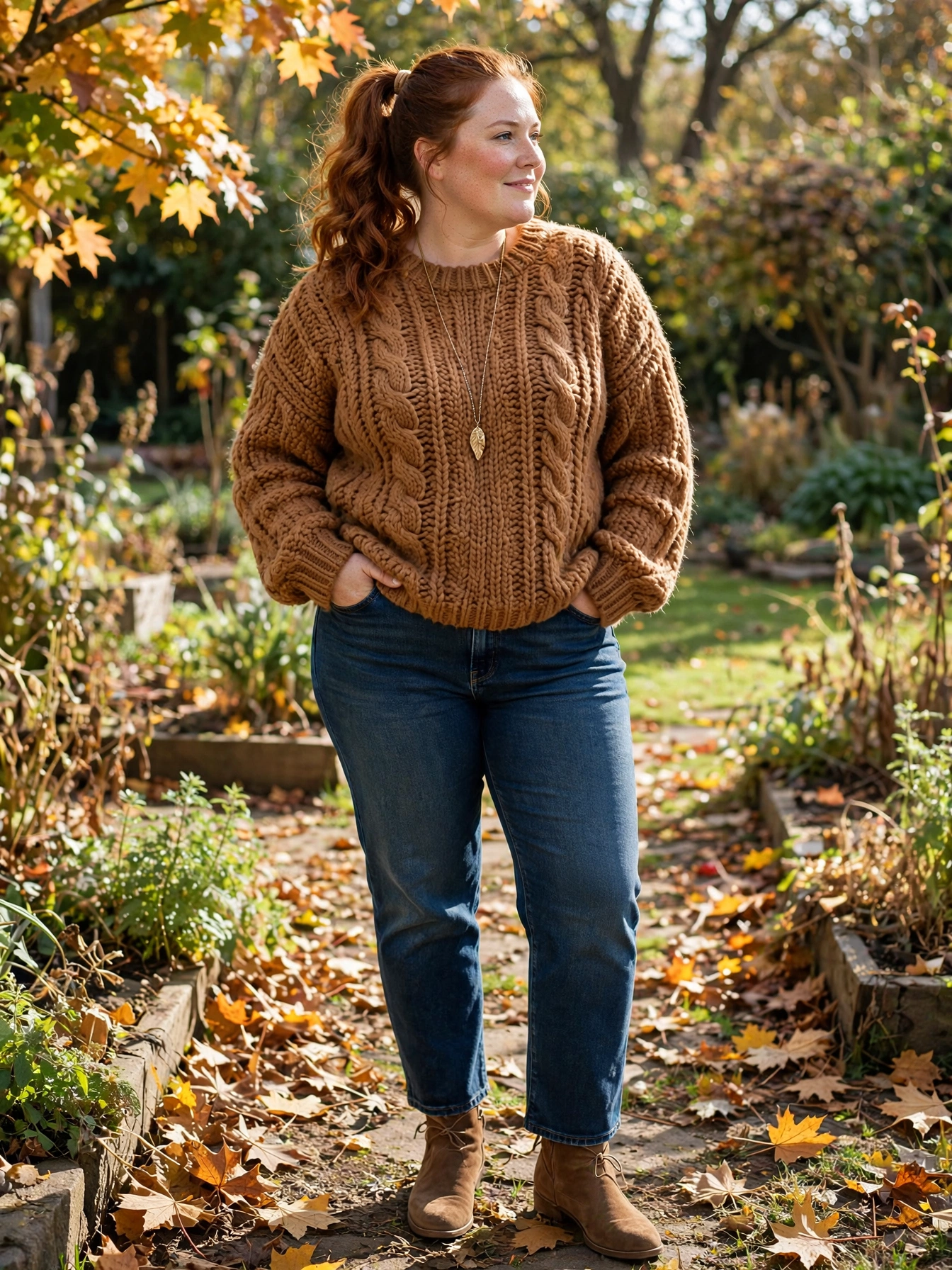 Plus-size woman in a caramel chunky sweater and dark jeans in a garden