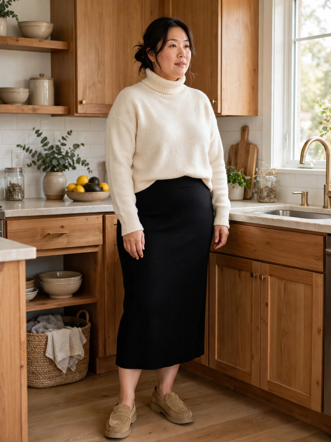 Plus-size woman in a black ponte midi skirt and cream turtleneck in a kitchen