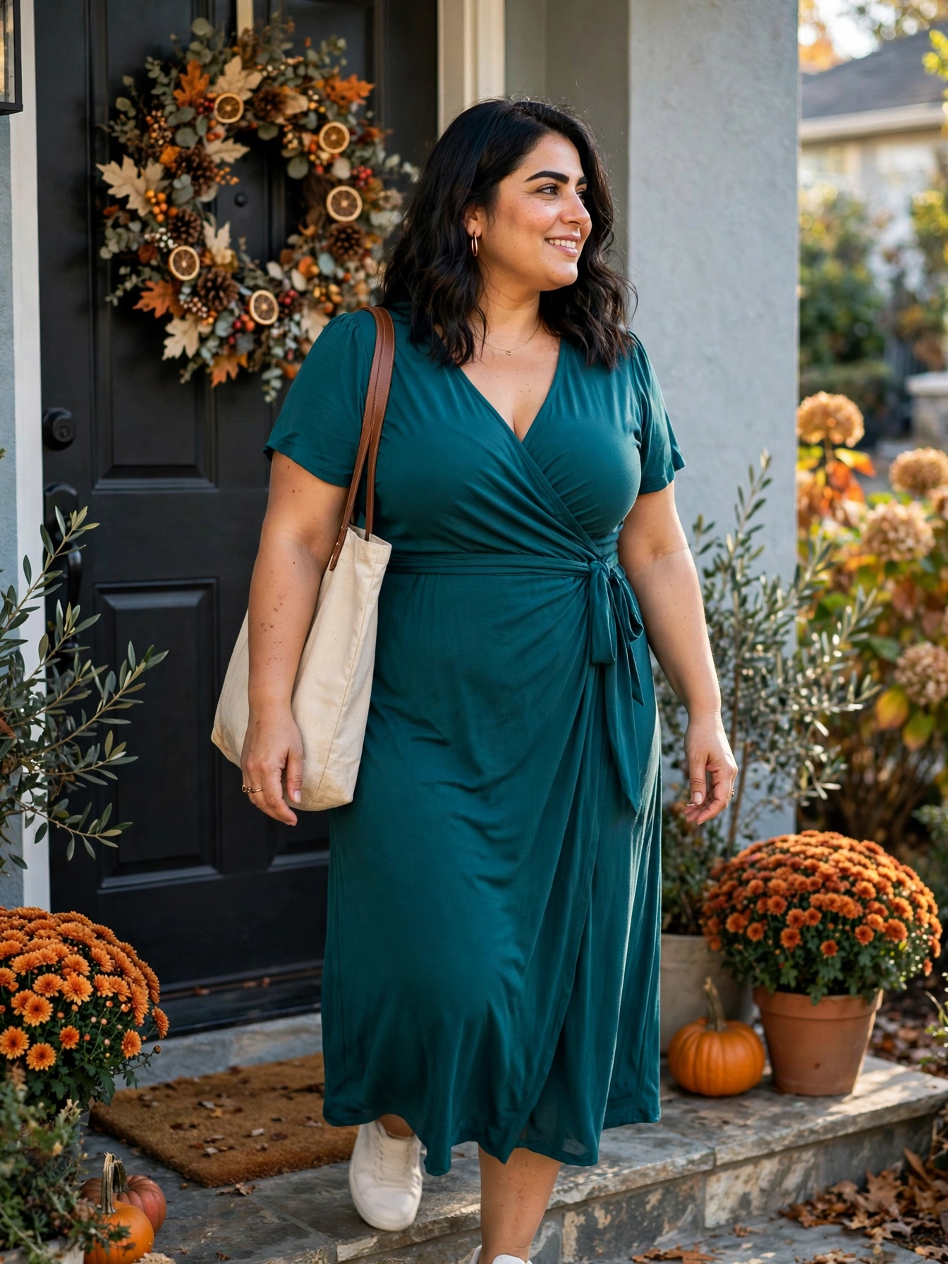 Plus-size woman in a teal jewel-tone wrap dress arriving at a front door