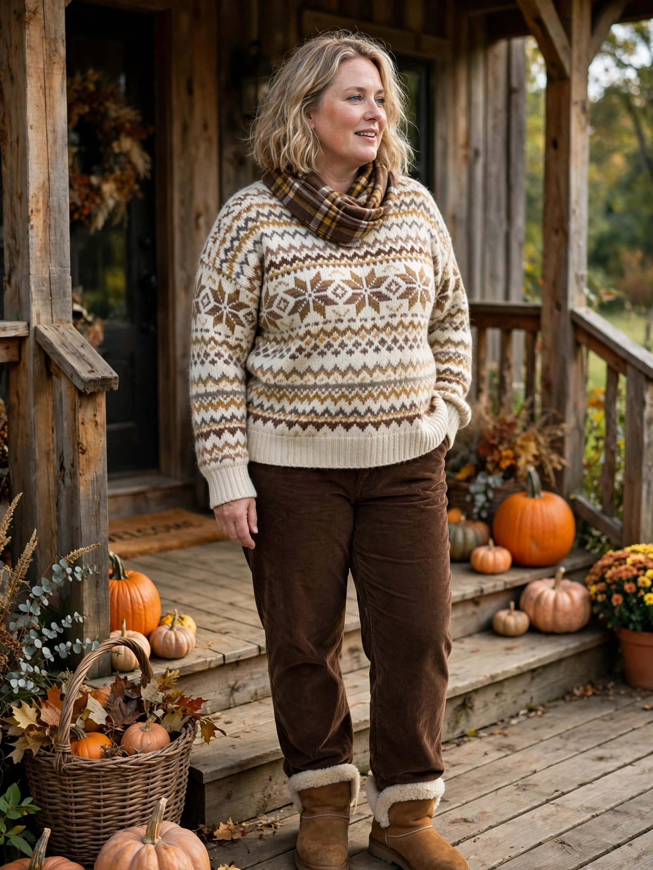 Plus-size woman in a cream Fair Isle sweater and chocolate corduroys on a porch